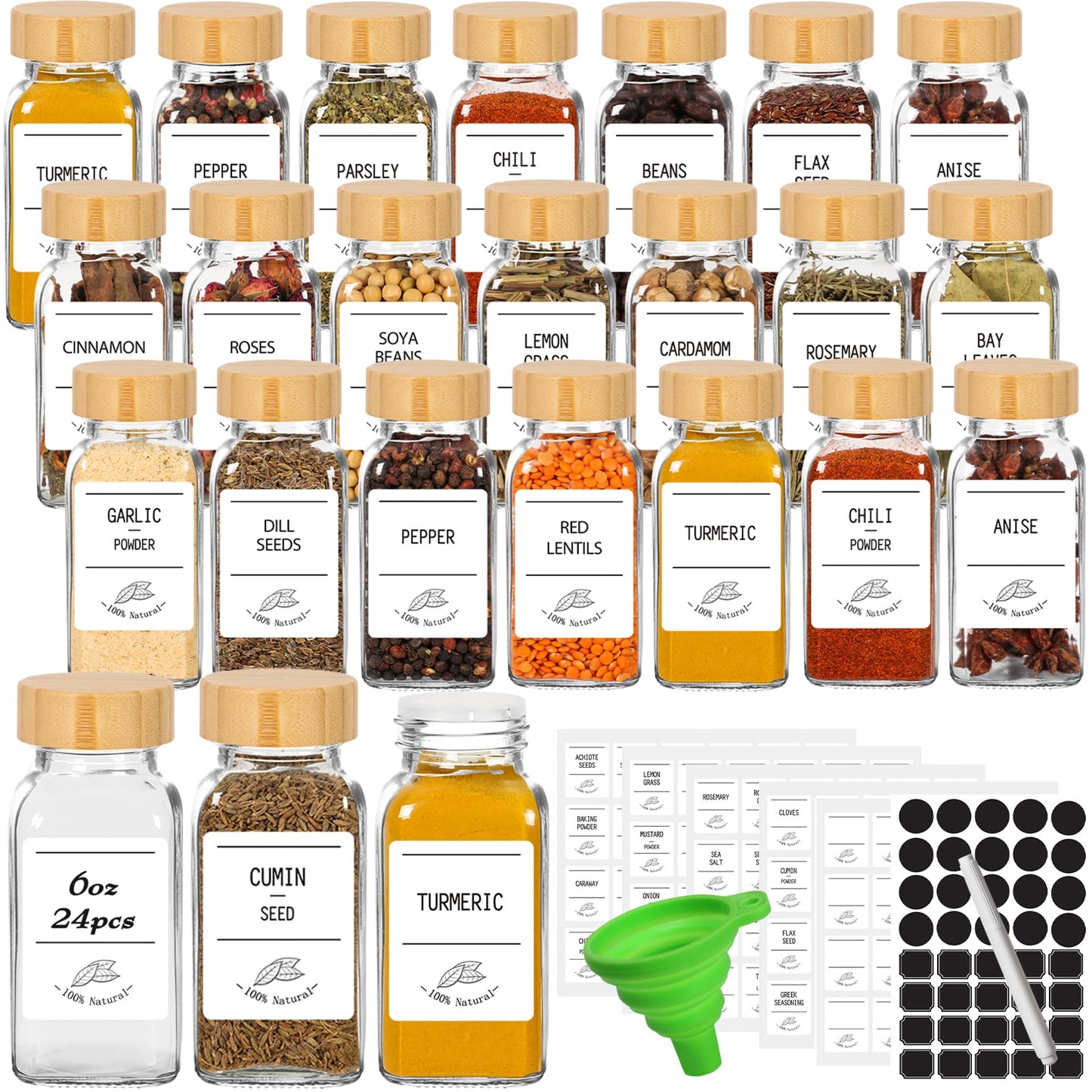 6 oz Glass Spice Jars with Bamboo Lids,24 Pack Empty Seasoning Bottles with 160 Spice Labels,180ml Square Spice Containers with Shaker Lids for Kitchen Food Storage (Funnel and Brush include)
