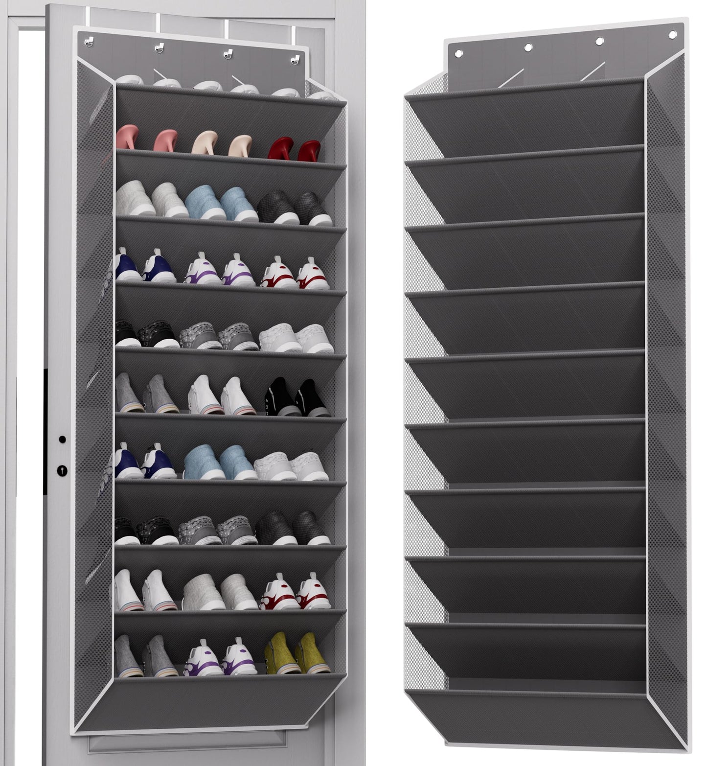 TAHAVICE 10-Tier Large Size Over The Door Shoe Organizer, Holds 30 PairsHanging Shoe Rack with Deep Pockets for Closet, Space-Saving Storage for Sneakers, Boots (Grey)