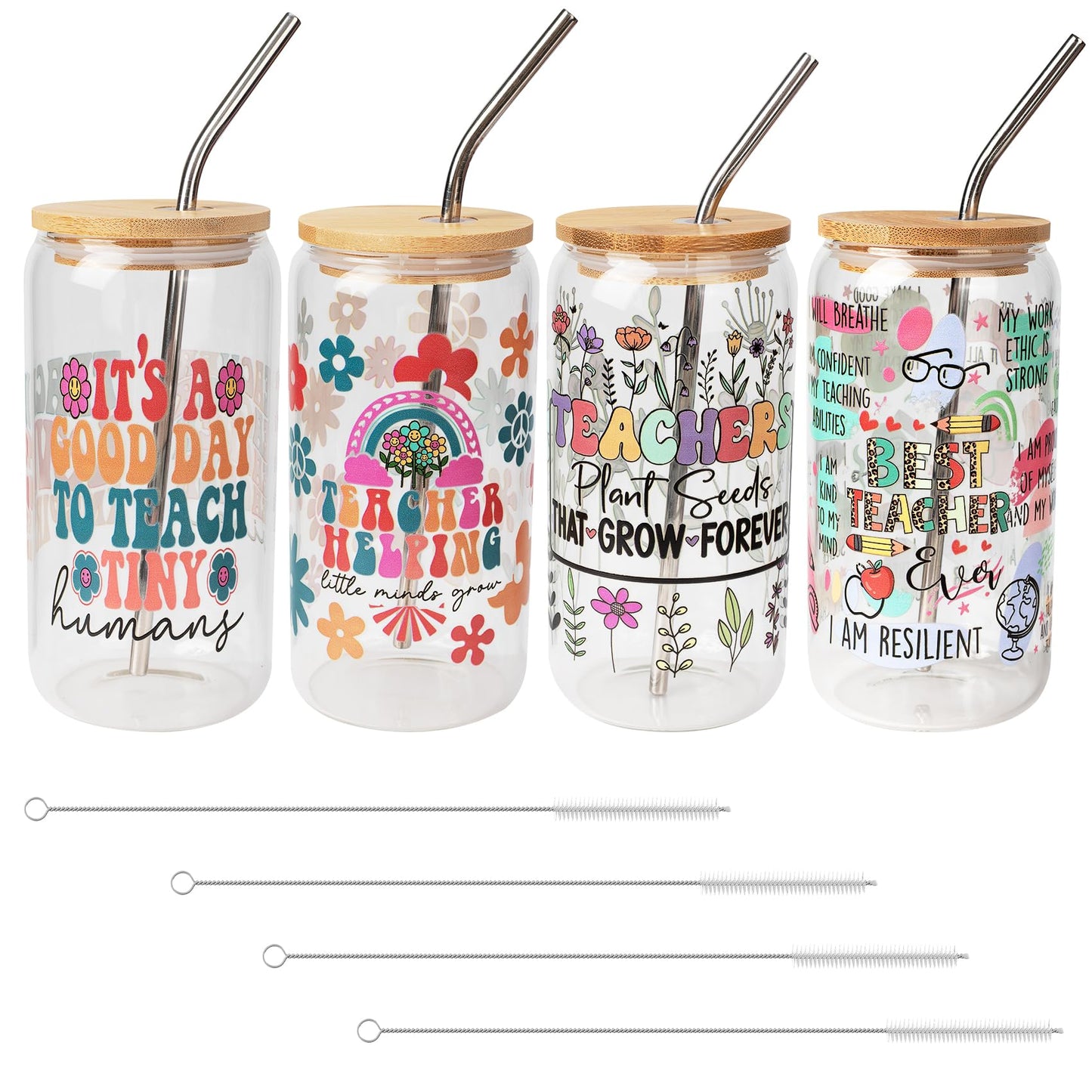 WOFIROY 16 Pieces Teacher Appreciation Gifts in Bulk 4 Set, Thank You Teacher Gifts with 4 16 Oz Glass Cup, 4 Makeup Bag, 4 Pens, 4 Greeting Cards, End of Year, Graduation, Christmas Gift for Teachers