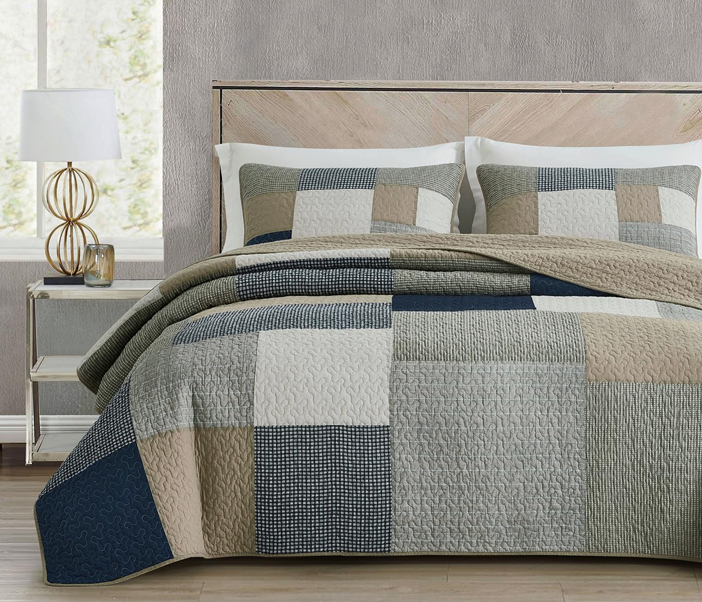 Chezmoi Collection Addy 3-Piece Navy Blue White Gray Taupe Plaid Patchwork Quilt Set - Pre-Washed Cotton Coverlet - Lightweight Reversible Bedspread, Queen Size
