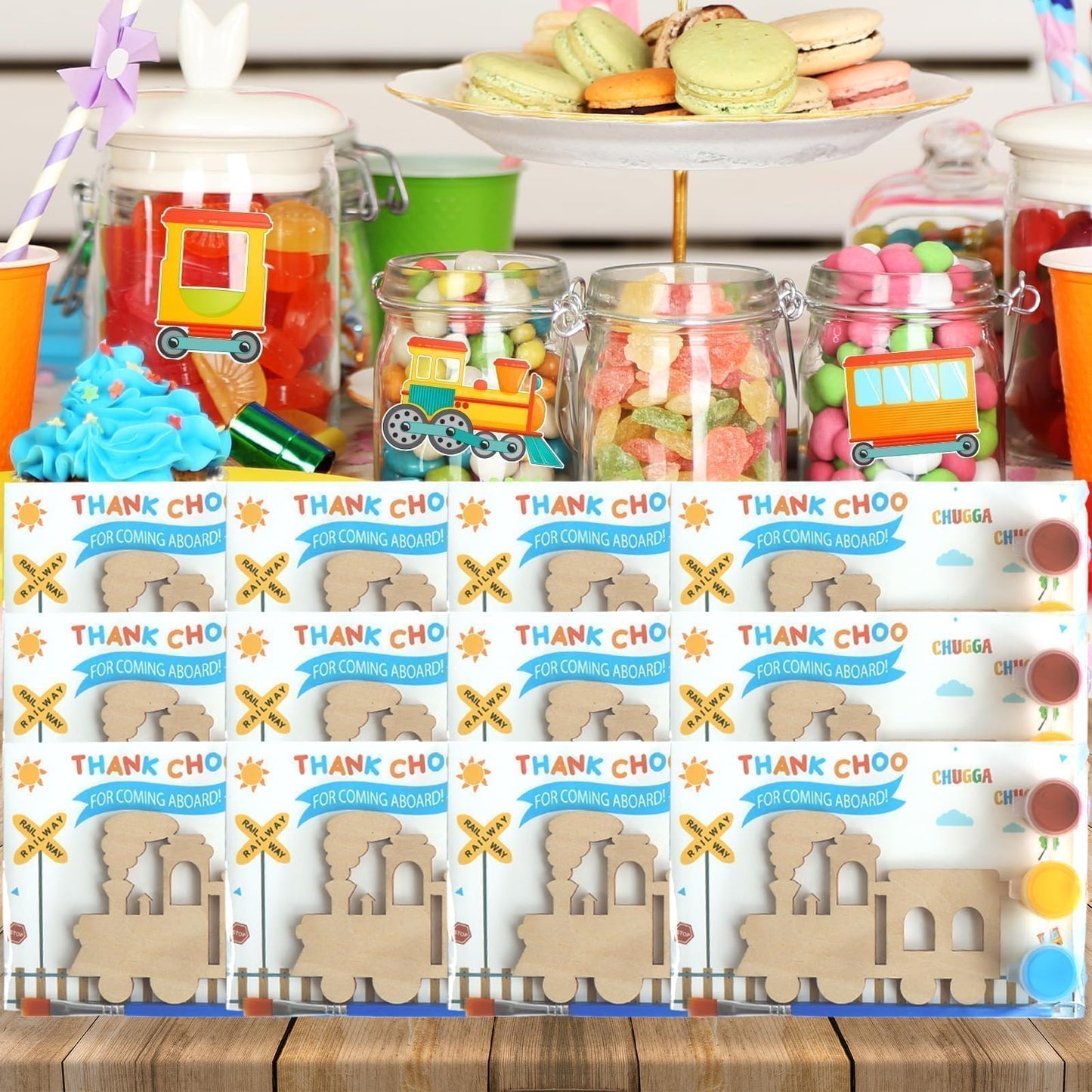 12-Pack Pre-Packaged Train Party Favors, Wooden Train Cutouts with Magnets & Painting Kits for Kids, Choo Choo Birthday Decorations & Thank You Gifts for Guests