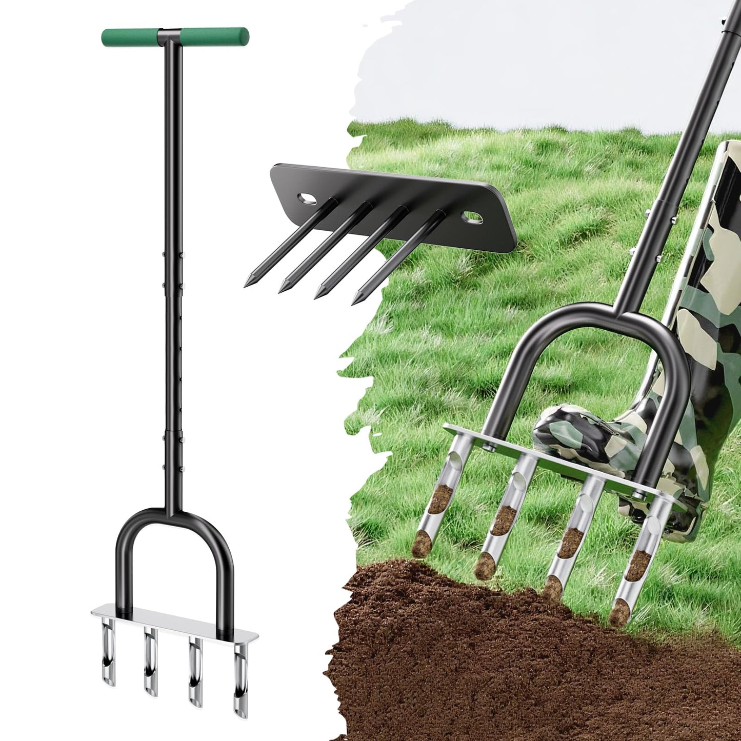 GENNICCI 2-in-1 Lawn Aerator, Core Aerator Lawn Tool, Lawn Spike Aerator, Hand Aerator Lawn Tool with Replaceable Hollow and Solid Tines, Garden Tool Solve Soil Compaction for Garden Grass and Yard