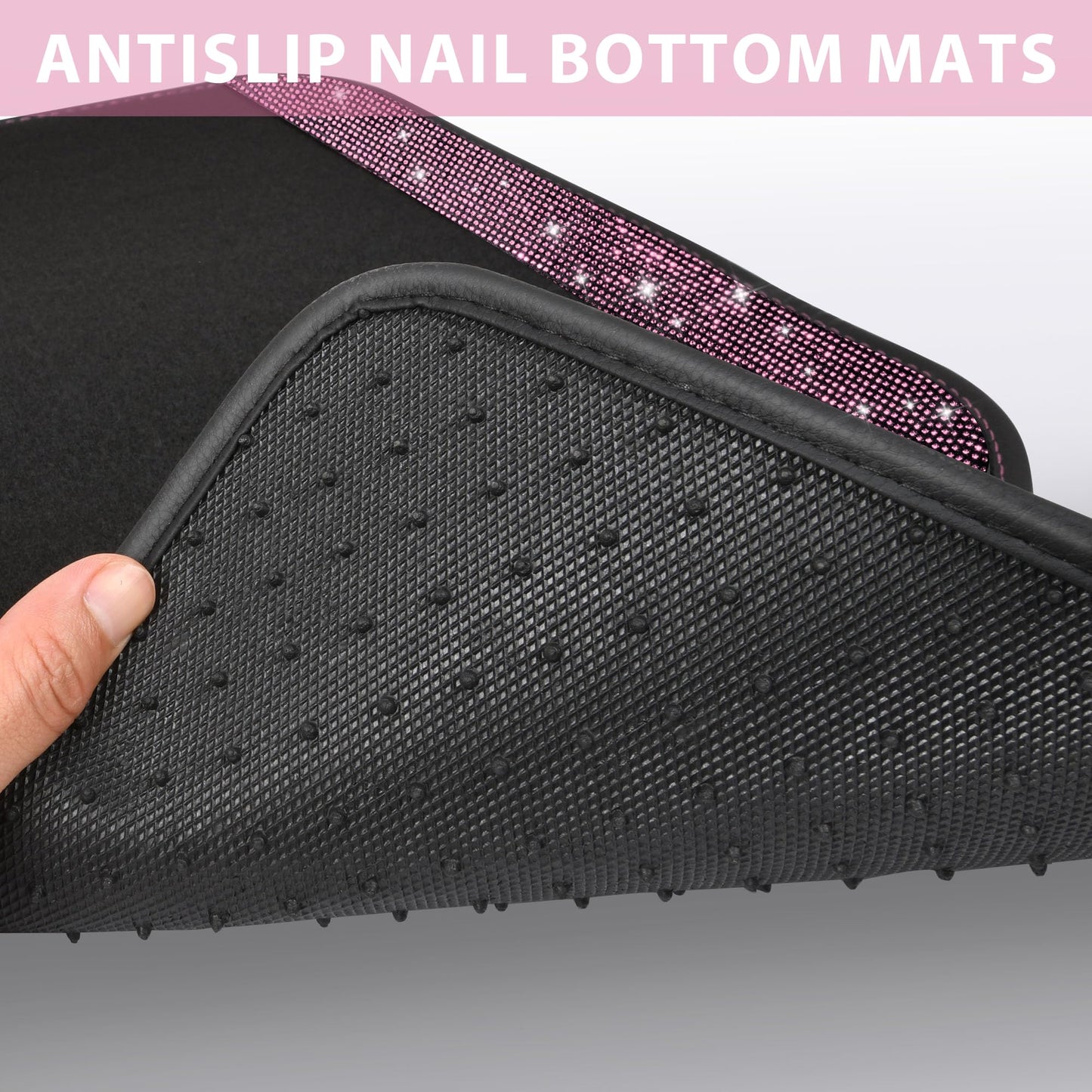 CAR PASS Shining Rhinestones Carpet, Bling Crystal Diamond Sparkly Glitter Car Floor Mat, Anti-Slip PVC Heel Pad Automotive Universal Fit for SUV Sedan Car Van, 4pcs for Girl Cute Women (Black Pink)