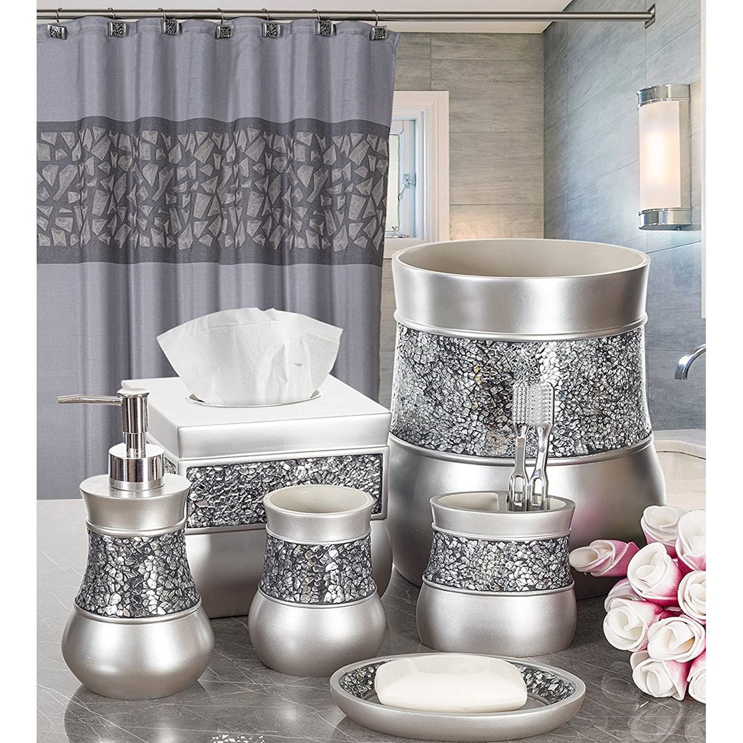 Crackled Glass Toilet Brush with Holder - Silver Toilet Bowl Cleaner Brush and Holder - Good Grip, Deep Cleaning, Decorative Design Compact Toilet Bowl Scrubber