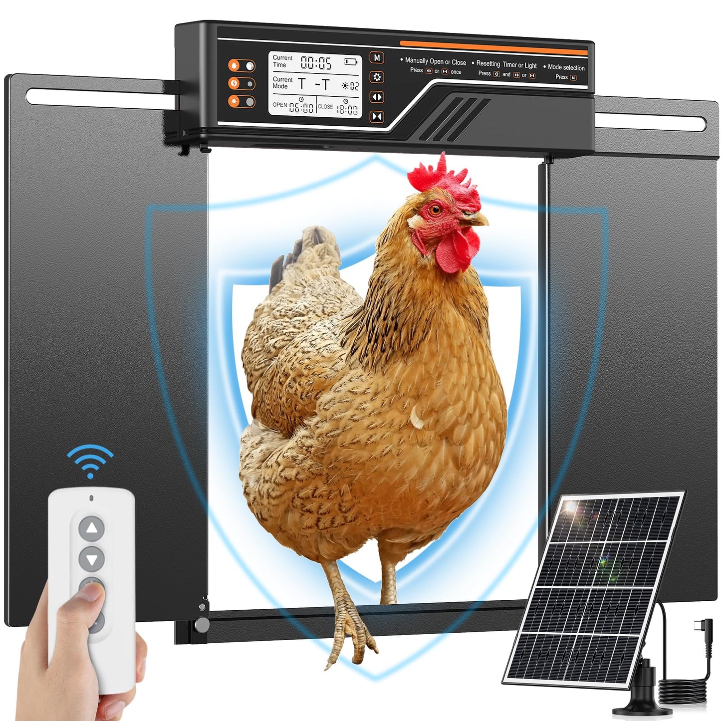 Large Automatic Chicken Coop Door Solar Powered, 4Modes Aluminum Horizontally Dual-Door Design with Timer & Light Sensor, Auto Chicken Door with Remote Control, Excellent Anti-Pinch & Easy to Program