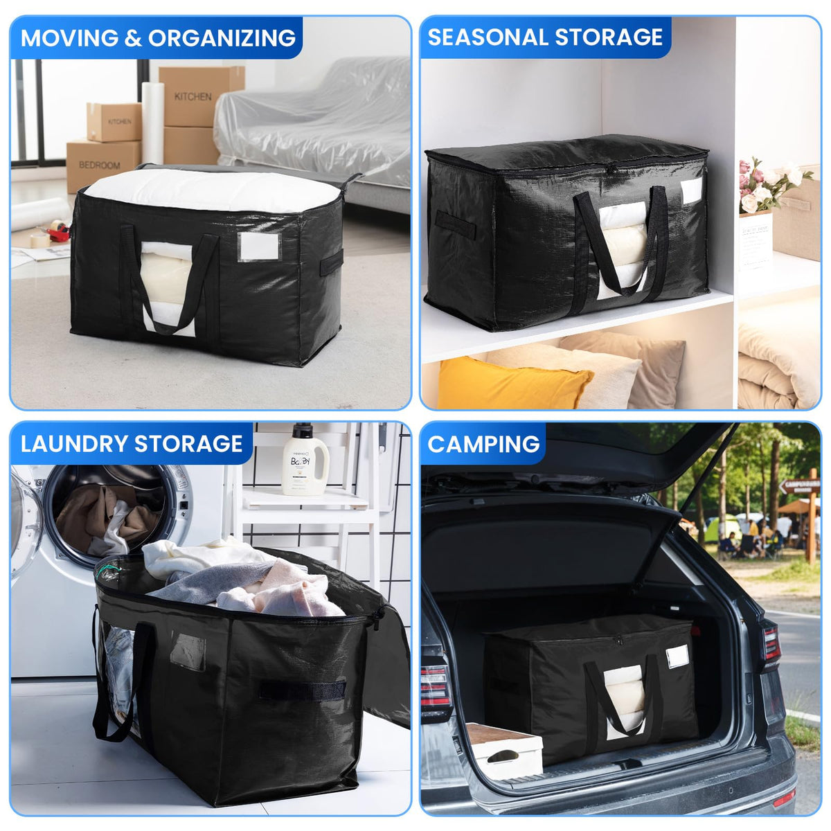 TAILI Extra Large Moving Bags, Heavy Duty Totes for Storage with Visible Window, U-Shaped Around Handles, Storage Contrainer Box for Space Saving, Black, 6 Pack