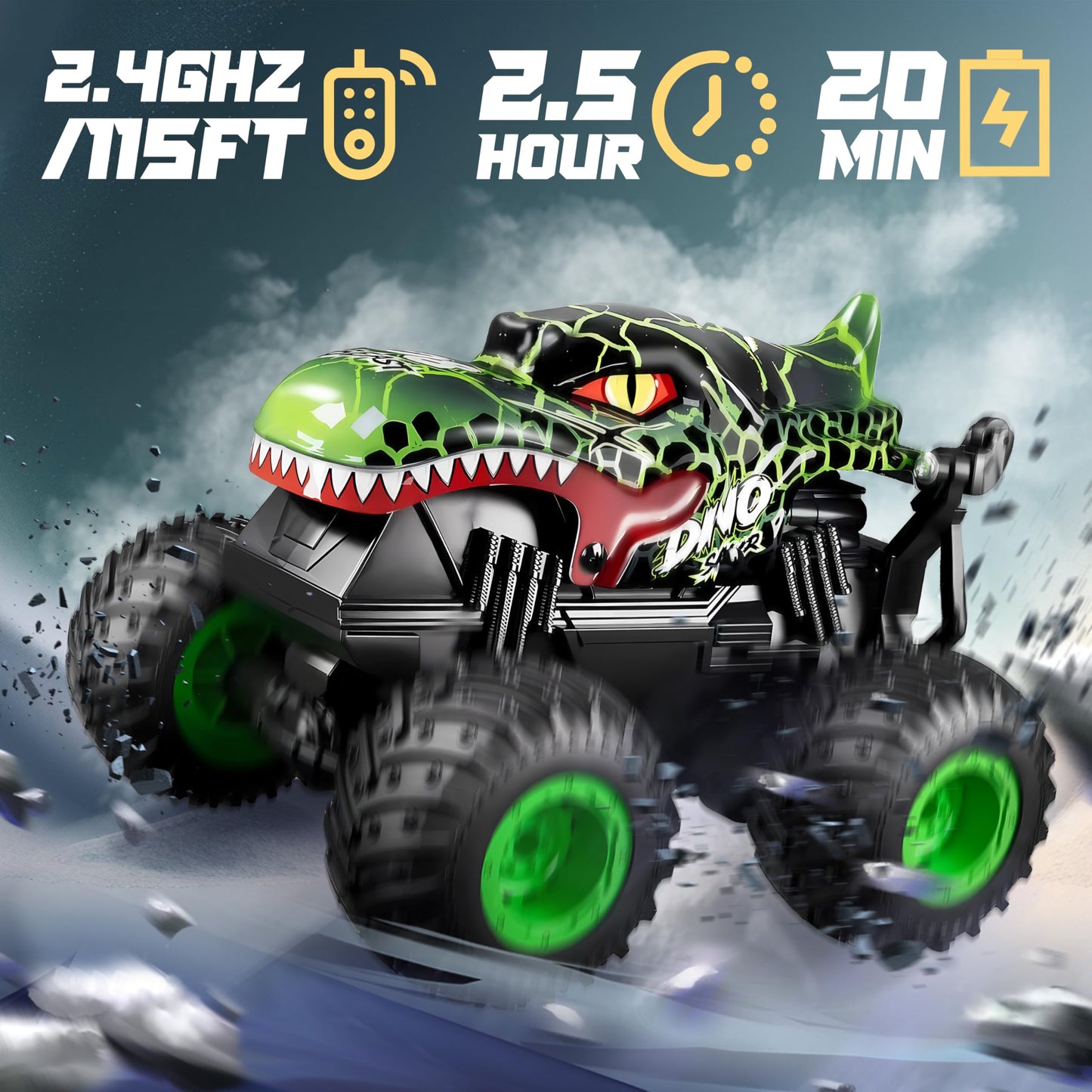 BEZGAR Monster Truck Toys - Remote Control Monster Truck with Light & Music, Dinosaur Toys for Kids, 1:20 Scale RC Truck with 360° Spins and Drifting, Remote Control Car for Boys 4-7