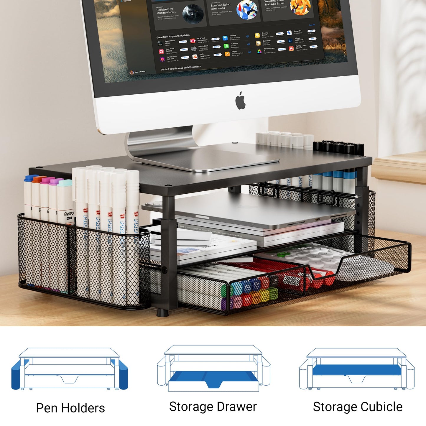 Desk Organizer and Accessories with Cellphone Holder, Height Adjustable 2-Tier Computer Monitor Stand Riser with Drawer and 2 Pen Holders,Office Desk Accessories for Office Supplies, Black