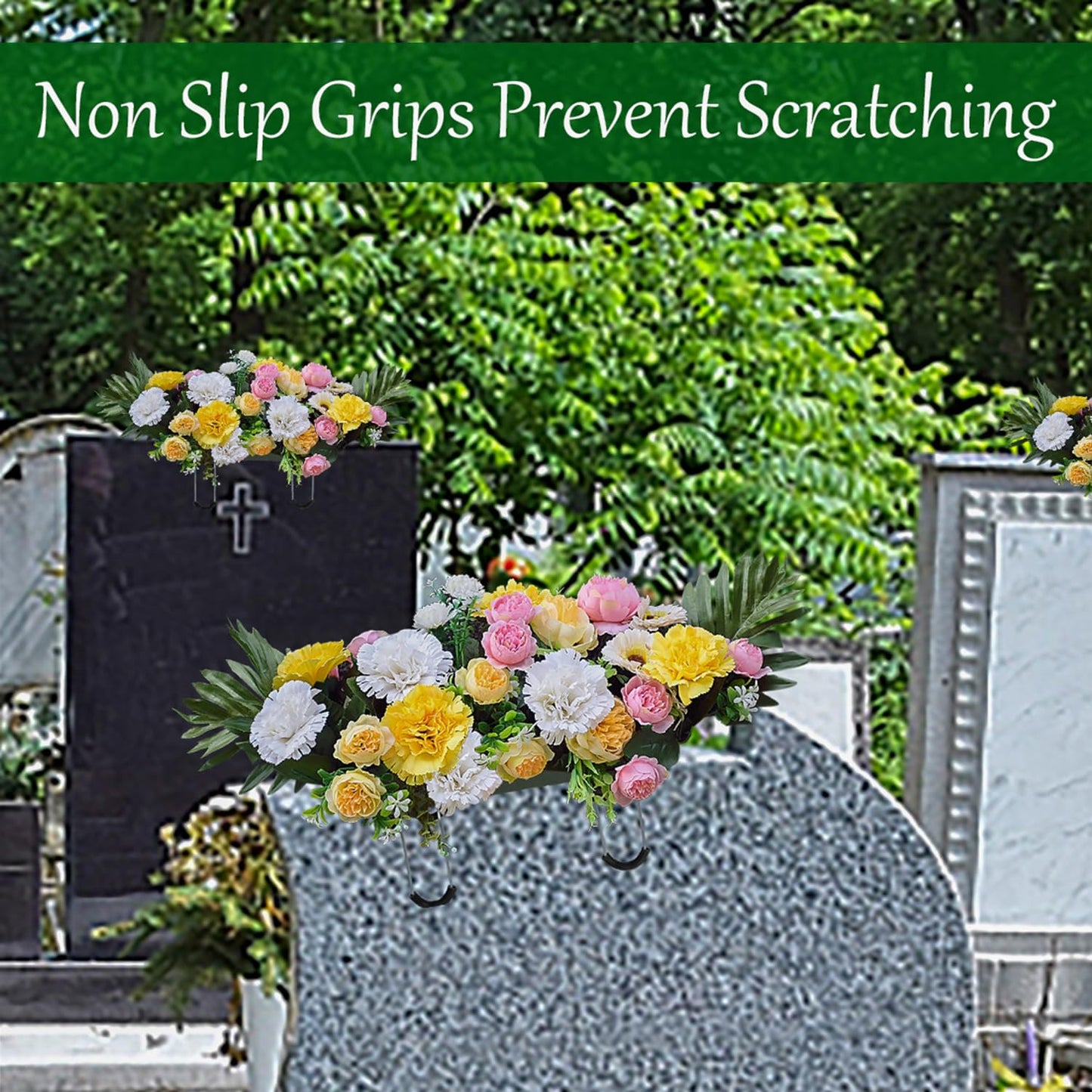 4Packs Headstone Flower Saddles Gravestone Saddle with Floral Foam for Grave Cemetery Headstones Tombstone Decoration (Blue)