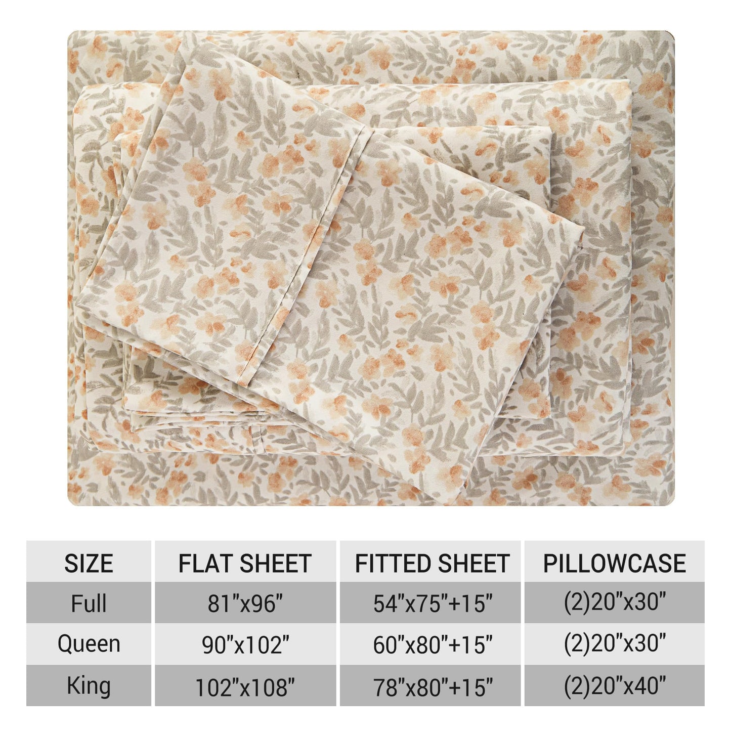 Viviland Floral King Sheet Set - 4 Piece Vintage Light Orange Flower Patterned Bed Sheets - Soft, Breathable Microfiber Sheets with Deep Pocket, Non-Slip Fitted Sheets & Pillowcases