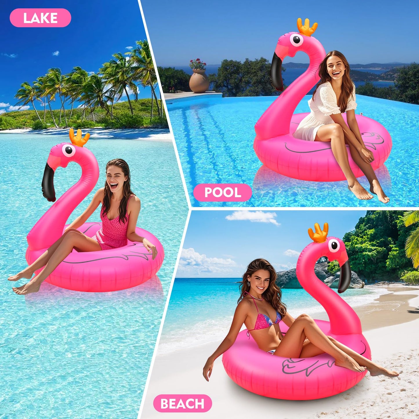 ZQJKLE Flamingo Inflatable Pool Floats, 42" Pink Flamingo Swim Tube Rings, Large Pool Beach Floats for Adults, Blow up Floaties Water Floaties Pool Raft Lounger Lake 2PCS