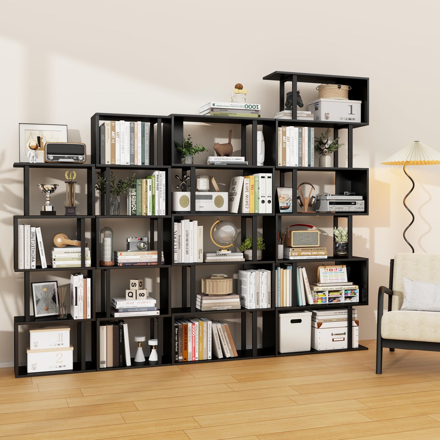 Gadroad 5-Tier Bookshelf, Narrow S-Shaped Geometric Bookcase,Modern Freestanding Display Shelves, Book Shelf Unit for Living Room Bedroom Home Office, Black