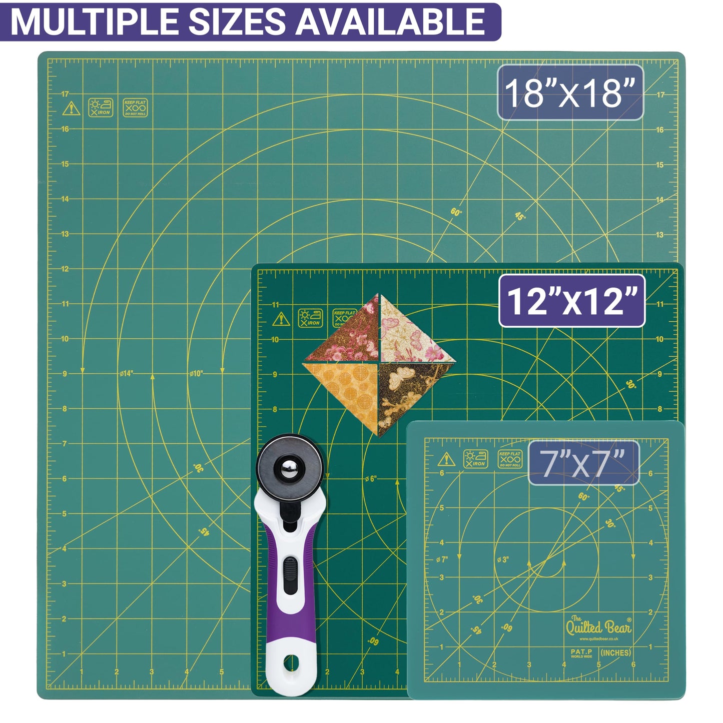 The Quilted Bear Rotating Cutting Mat - 12"x 12" Square Self Healing 360° Rotating Craft Cutting Mat with Innovative Locking Mechanism for Quilting & Sewing (Green)