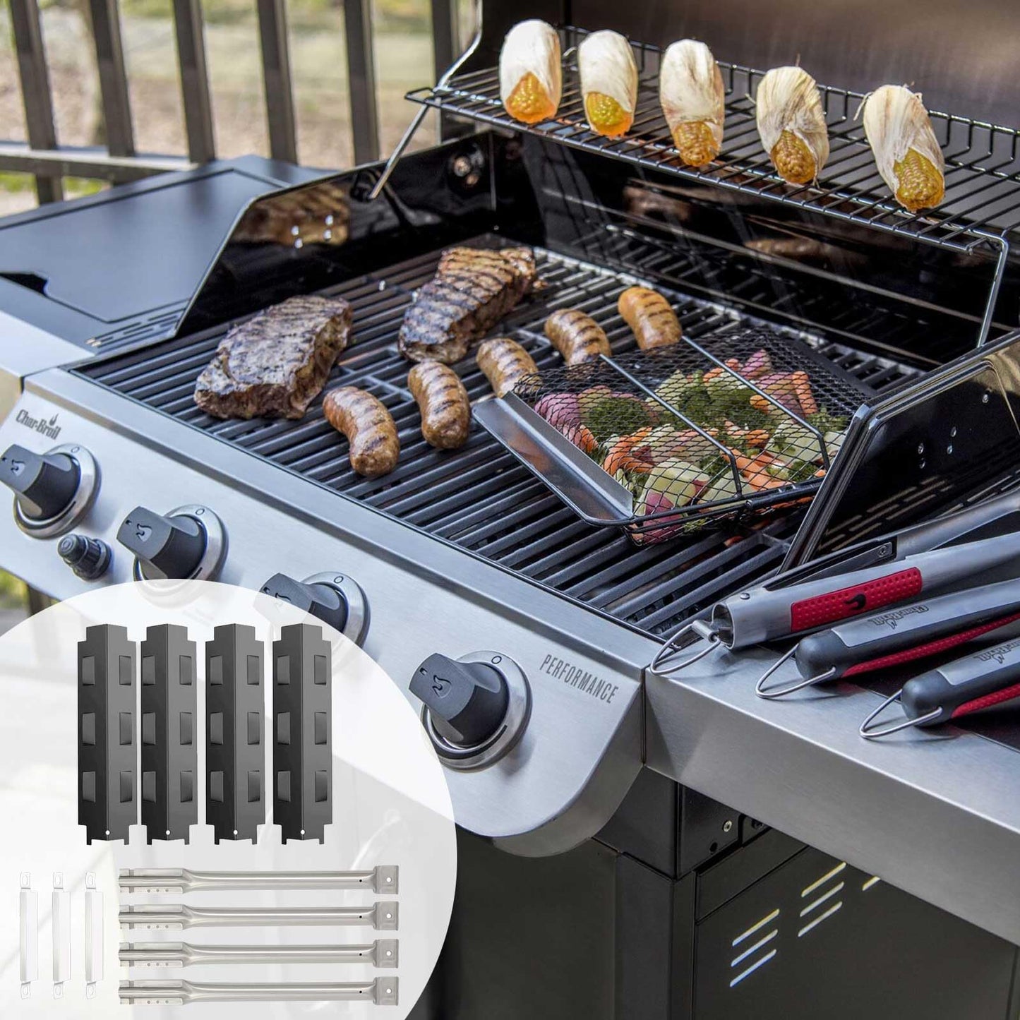 BBQ Future Grill Replacement Parts for Master Chef, Charbroil, Thermos, Master Forge, Savor Pro Grills, Porcelain Steel Flame Tamers BBQ Burner Cover & Stainless Steel Burner & Crossover Tube, 4-Pack