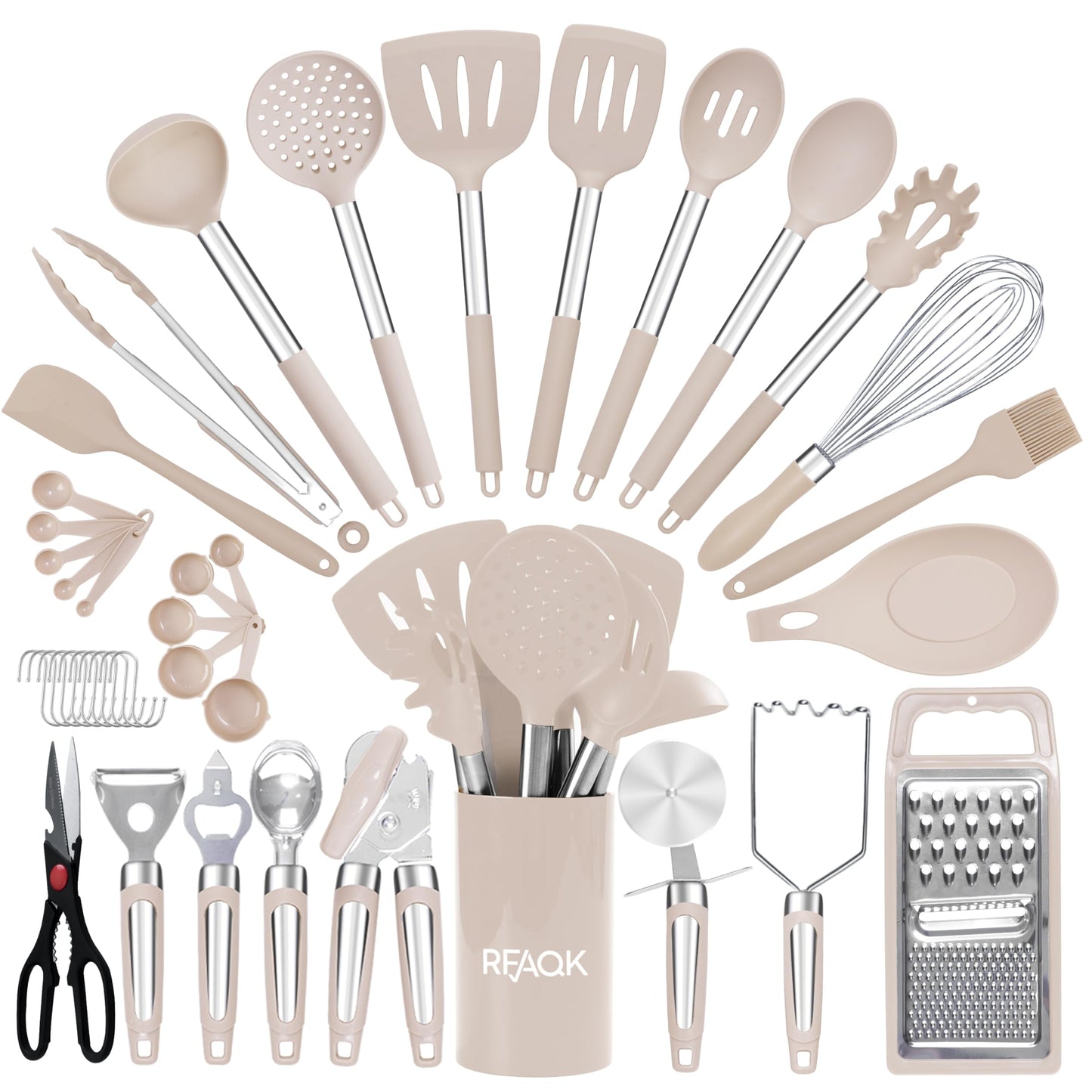 RFAQK Silicone Kitchen Utensils Set With Holder, 40PCs Heat Resistant Cooking Set for Nonstick Cookware, Kitchen Gadgets includes Can Opener, Potato Masher & Peeler, Tongs,spatulas,Pizza cutter Khaki…