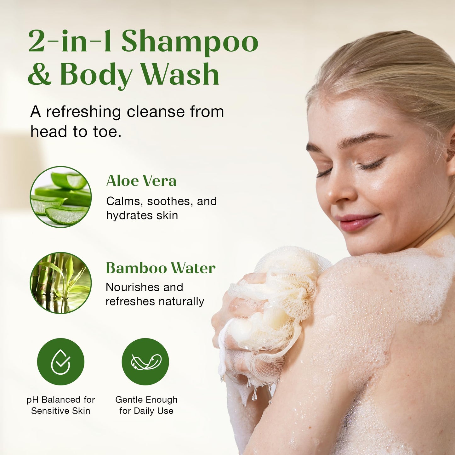 2-in-1 Shampoo and Body Wash with Pump - Aloe Vera & Bamboo Water Infused Moisturizing Formula Body Shampoo - Gentle, Refreshing Cleanser - Soothes, Hydrates, For All Skin, Hair Types - 1 Gallon