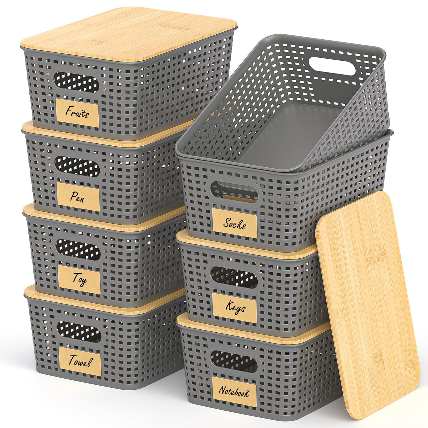 Stackable Storage Basket: Plastic Storage Bins, Baskets for Organizing, Pantry Decorative Containers for Closets, Cabinets, Shelves(8 Pack, Grey)