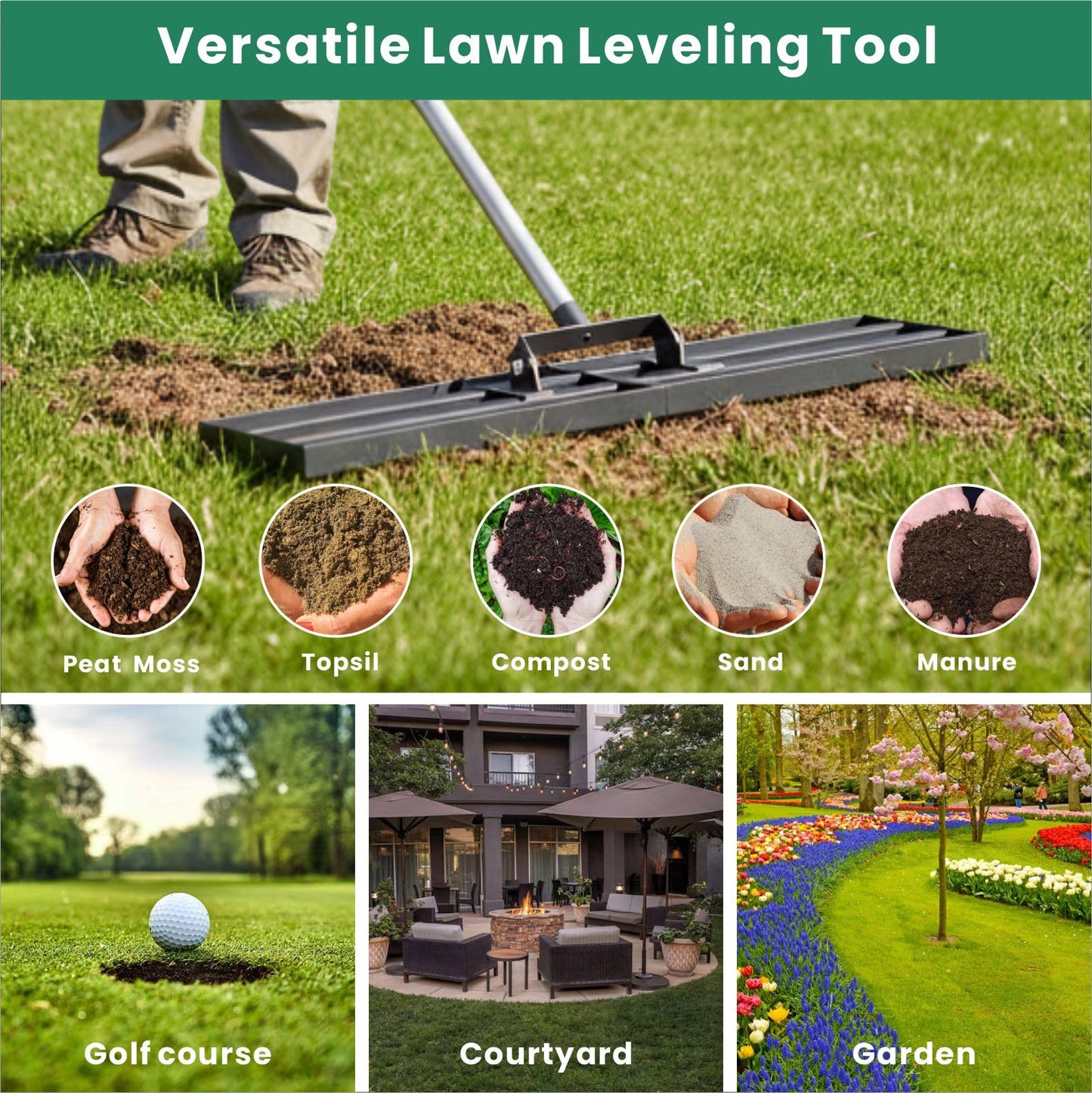 CRMCC Lawn Leveling Rake 30" x 10" with 78" Adjustable Stainless Steel Handle - Heavy Duty Wide Leveling Tool for Large Areas, Grass & Soil Leveler
