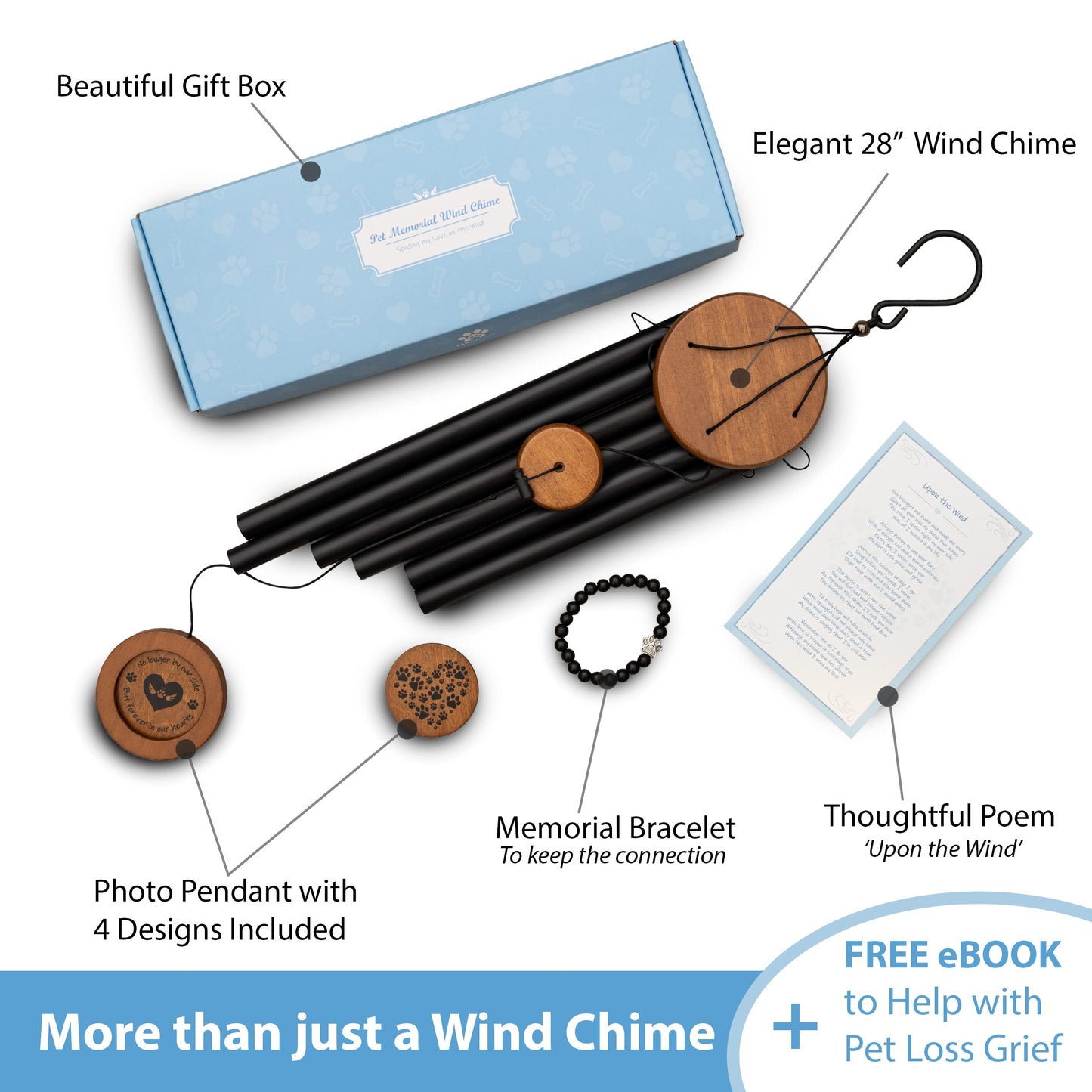 Dog Memorial Wind Chime 28" with 5 Pendant Designs and Comforting Pet Loss eBook- Pet Memorial Gifts-Loss of Dog Sympathy Gift-Dogs Wind Chimes, Remembrance Gift