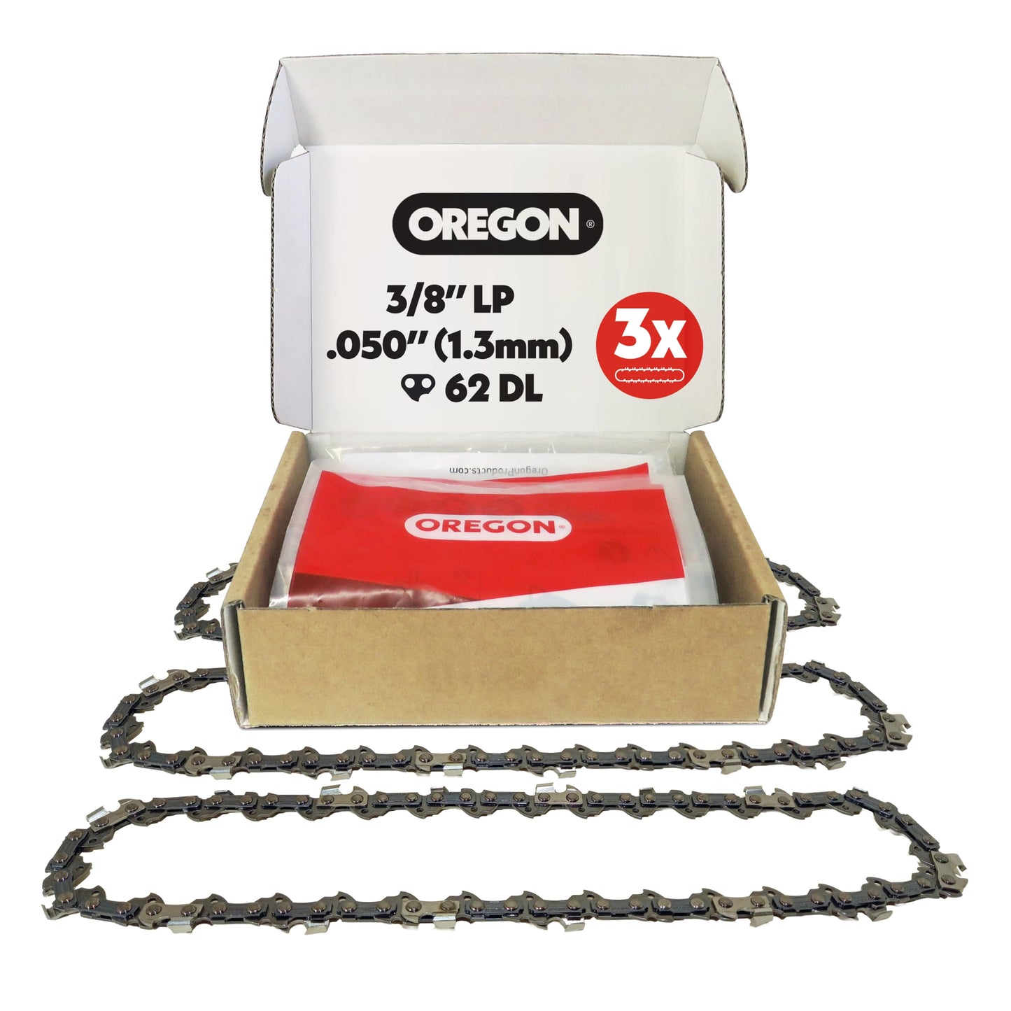 Oregon Chainsaw Chains, T62 3/8" Low Profile Pitch, .050" (1.3 mm) Gauge VXL Semi Chisel Replacement Chainsaw Chains for 18-Inch Bar, 62 Drive Links, fits Husqvarna, Craftsman (T62X3), Gray, 3-Pack