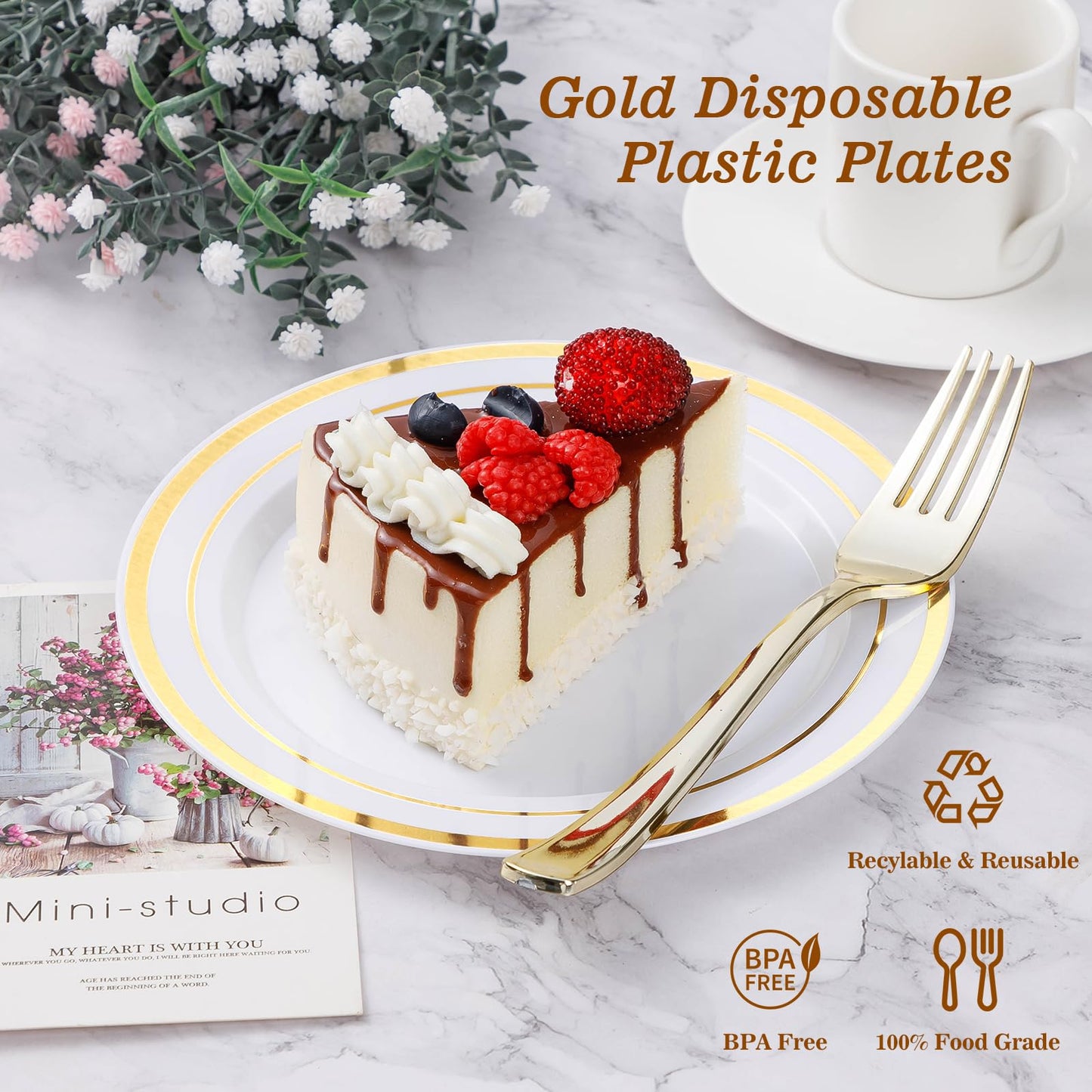 BESTVIP 100PCS Gold Plastic Plate, Disposable Party Plates with 50 Dinner Plates and 50 Dessert Plates, Plastic Plate for Parties, Wedding and Birthday