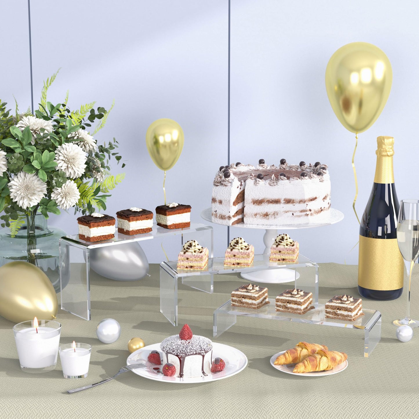 Goabroa 12 Pcs Clear Risers Display Stands, 3 Tiers 4mm Thick Transparent Display Risers Ideal for Collectibles Stand, Party Cake Dessert Holder, Floating Visual Display Shelves