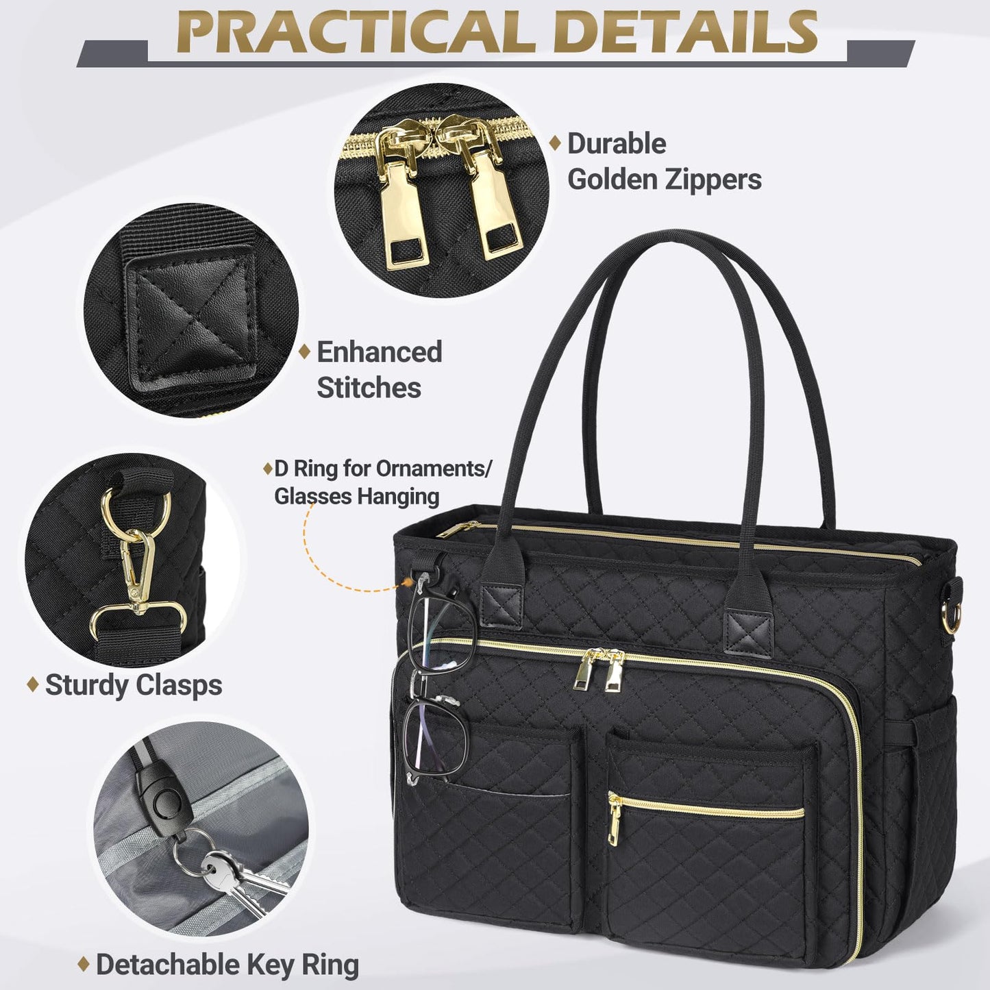 Teacher Tote Bag 15.6 inch Laptop Bag for Women Large Laptop Tote Work Bag Nurse Bag Professional Computer Messenger Bag with Insulated Pocket, Briefcase for Office, College, Nursing, Black
