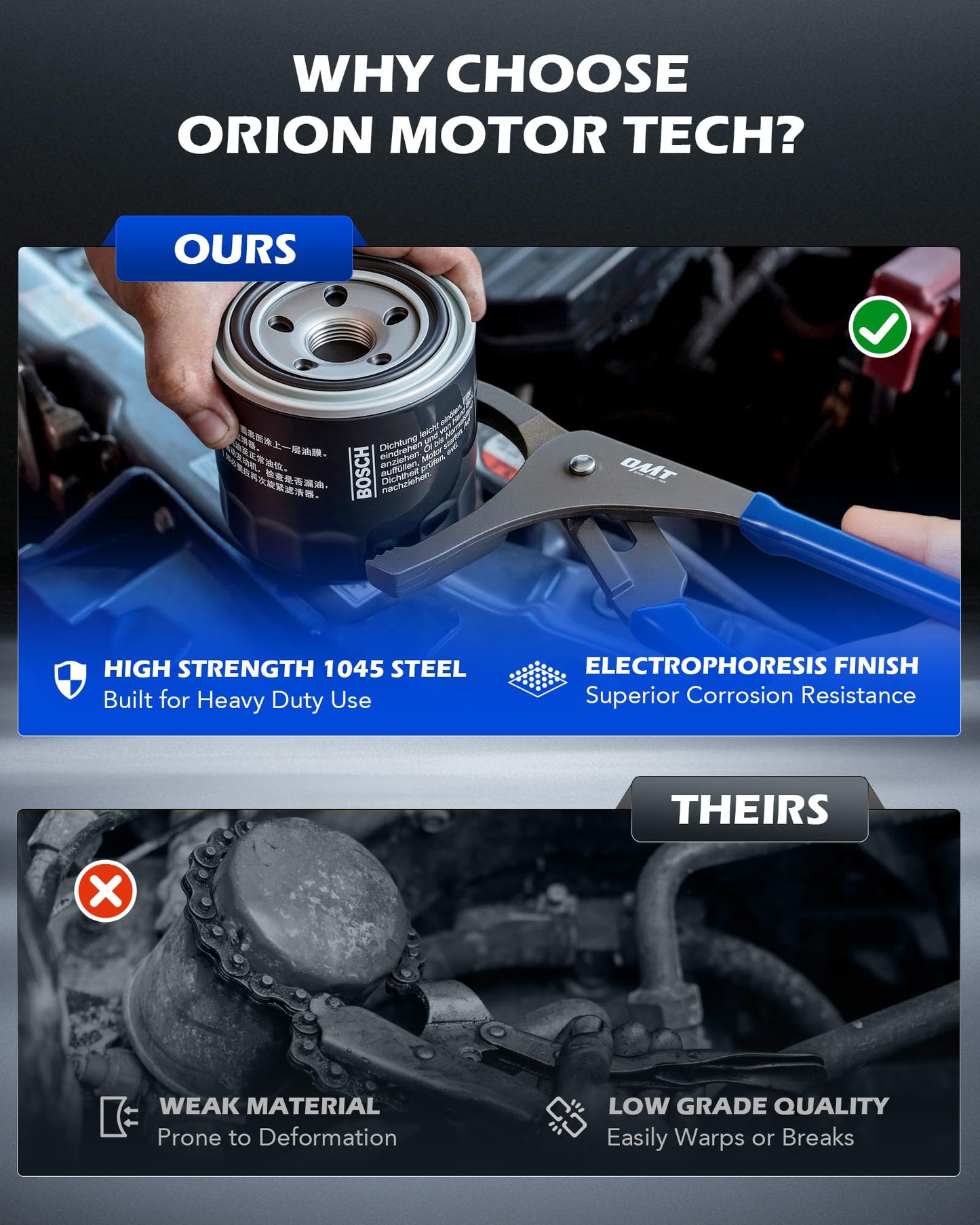 Orion Motor Tech Oil Filter Wrench Set, 9 Piece Oil Filter Removal Tool Kit with Adjustable Oil Filter Wrenches 70-135 mm, 24 & 32 cm Pliers, 1/2" to 3/8" Adapter, Universal 3-Jaw Removal Tool