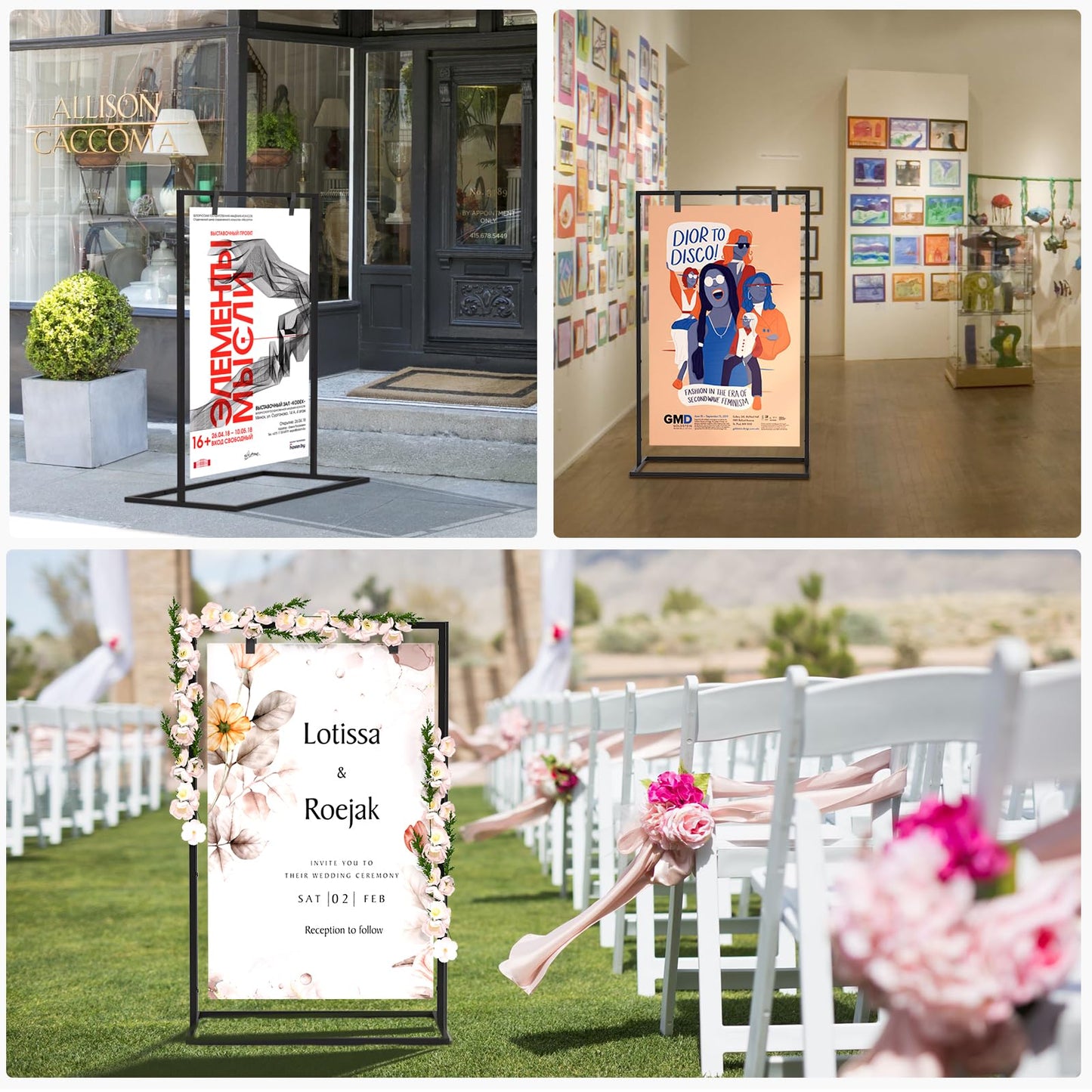 Cathyeen Wedding Welcome Sign Stand, 50”x30”x 20” Heavy Duty Easel Stand for Sign with 8 Pair Satin Ribbon & 2 Leather Strap, Welcome to Our Wedding Sign Holder, Metal Floor Standing Easels for Signs