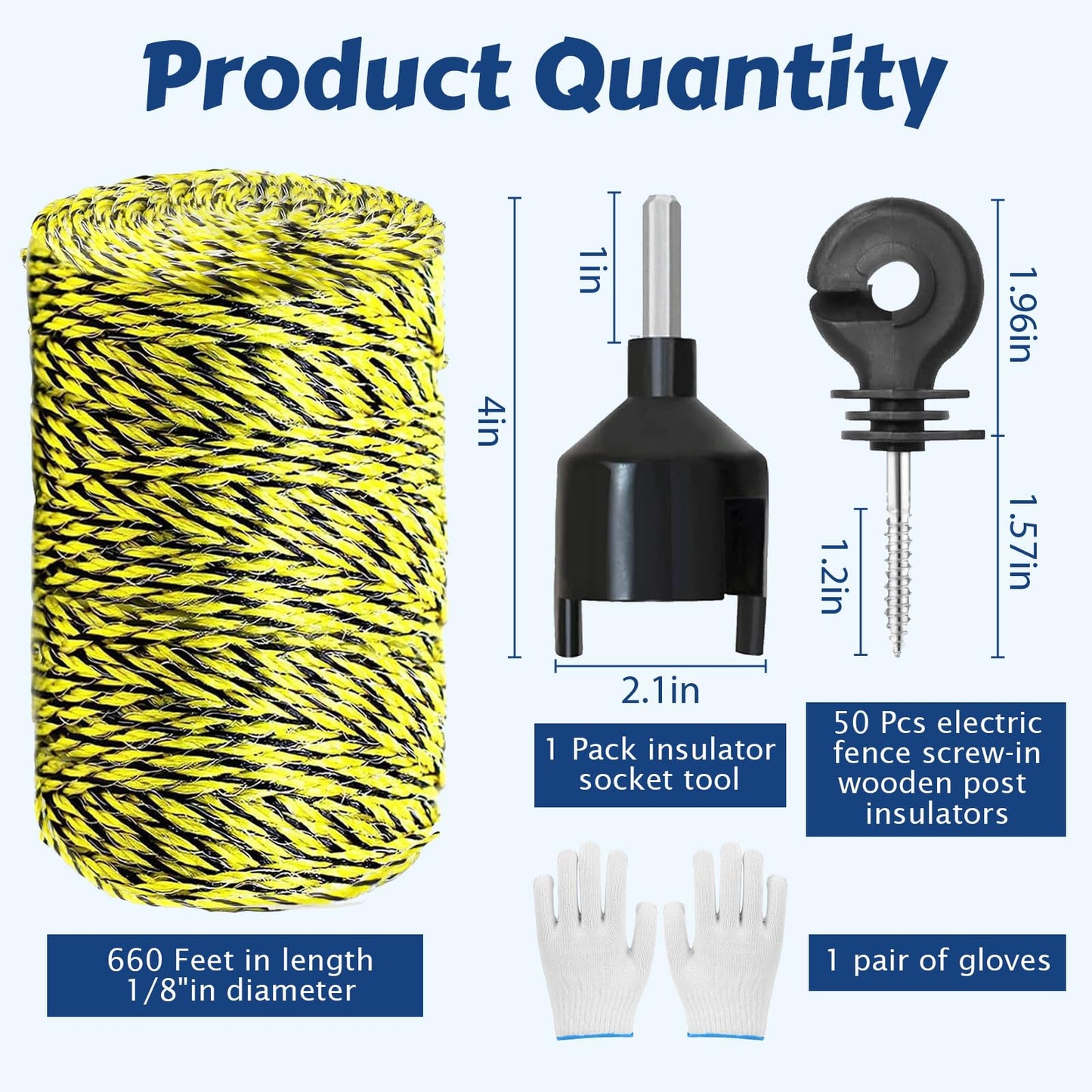 Electric Fence Polywire 660ft, with 50 Electric Fence Insulator and 1 Pcs Insulator Socket Tool, High Conductivity Weatherproof Rust Resistance 6 Steel Strands Electric Fence Wire, for Farm, Pasture