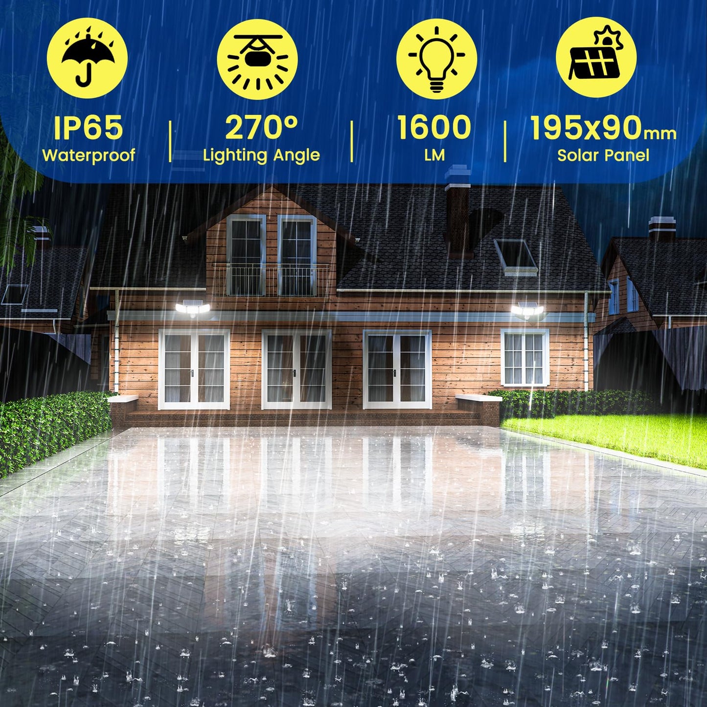 Solar Lights Outdoor, 1600LM Bright LED Motion Sensor Light Outdoor 3000mAh 50FT, IP65 Waterproof Adjustable 3 Head Solar Powered Security Flood Light 7000K for Yard, Garden, Garage White 2Pack