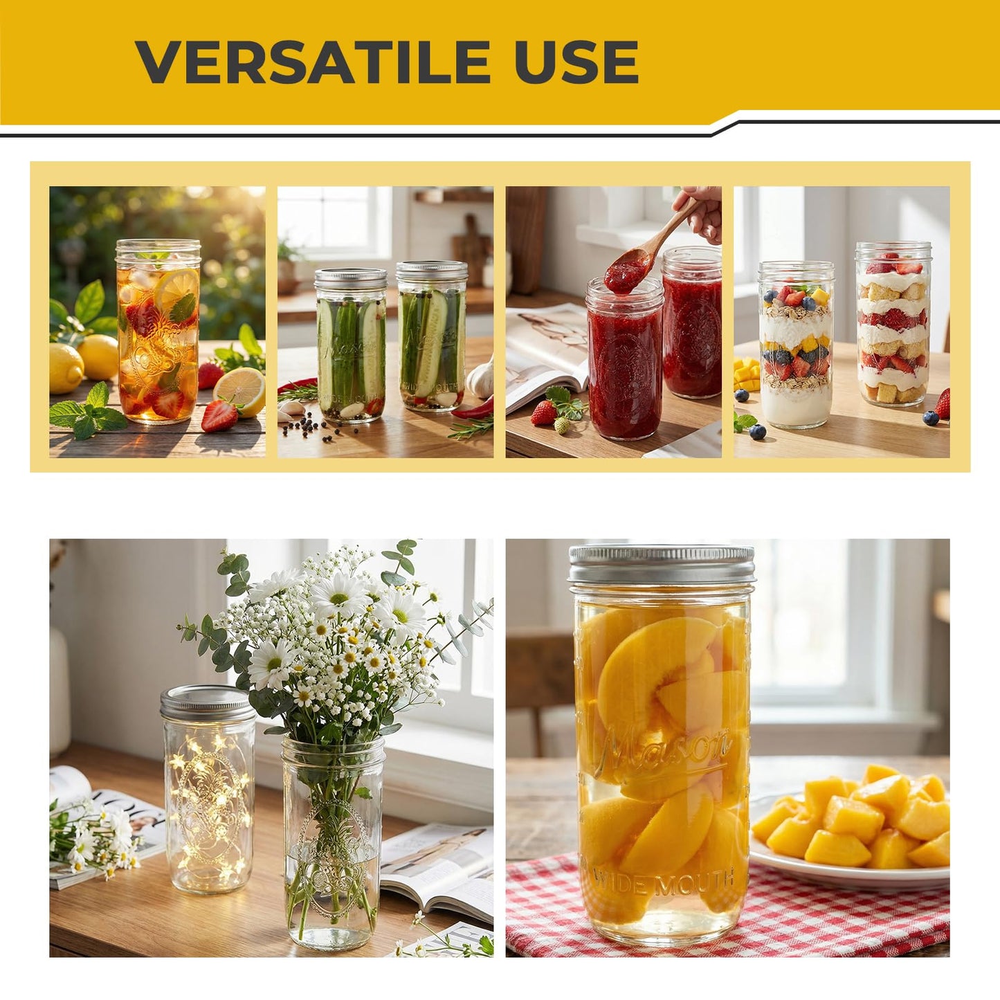 Wide Mouth 24 oz Mason Jars with Lids and Bands, 6 Pack Glass Canning Jars for Pickling,Jam Preserving,Food Storage