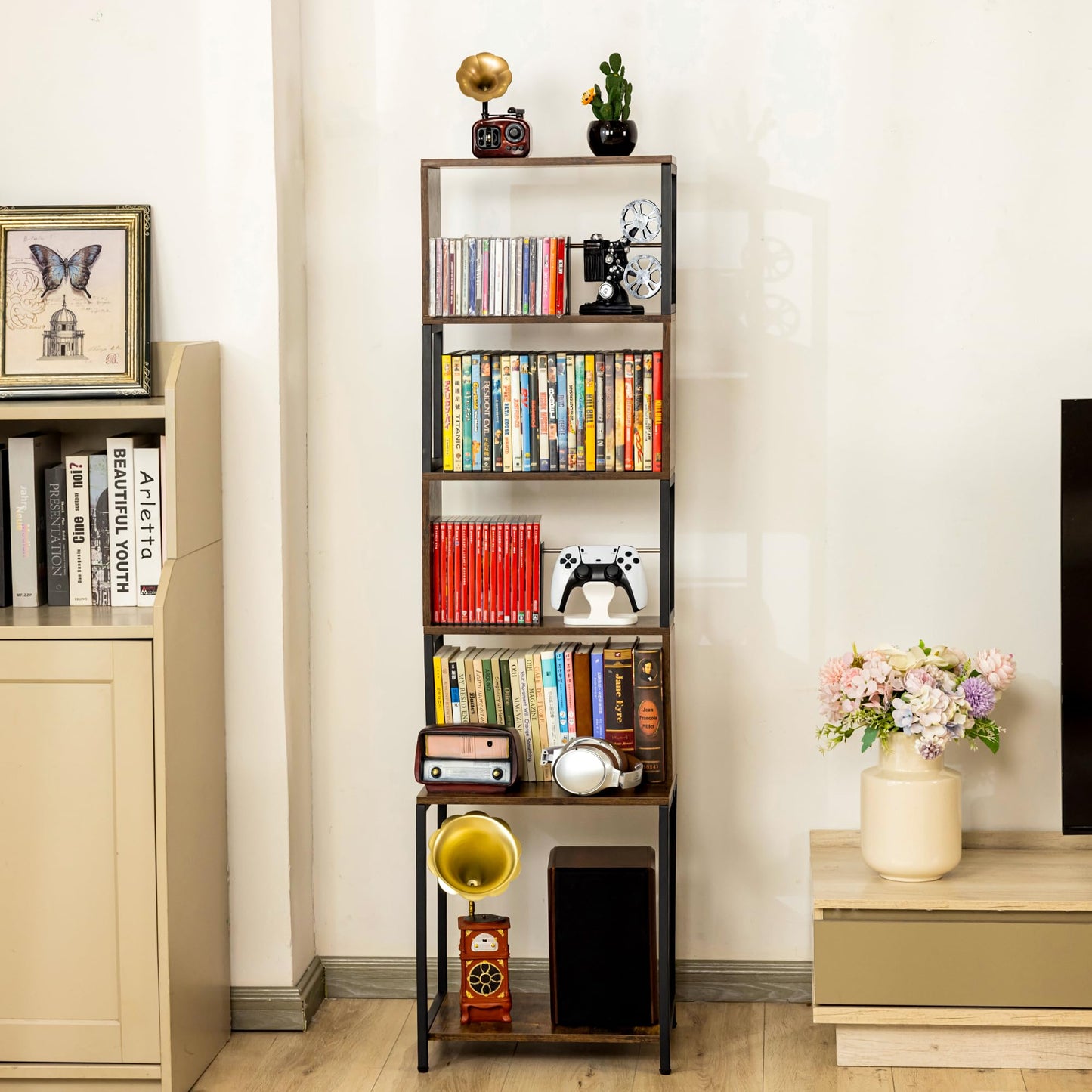 Aquzee CD Storage Rack, Wooden DVD Tower, CD Holder with Adjustable CDs Dividers, Media Storage Shelf for CDs/DVDs, Books, Video Games, Suitable for Living Room, Bedroom, Home Office