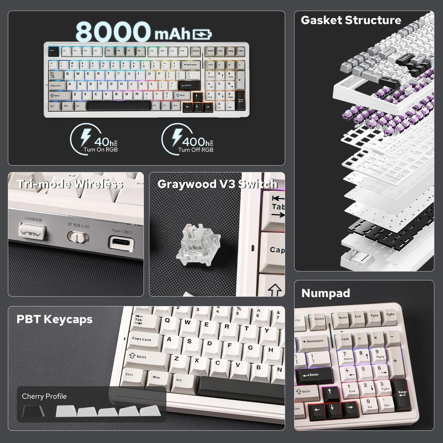 EPOMAKER x Aula F99 Wireless Mechanical Keyboard, Hot Swappable Gasket Custom Gaming Keyboard with Five-Layer Padding, Bluetooth/2.4GHz/USB-C, 8000mAh Battery (White Grey, Graywood V3 Switch)