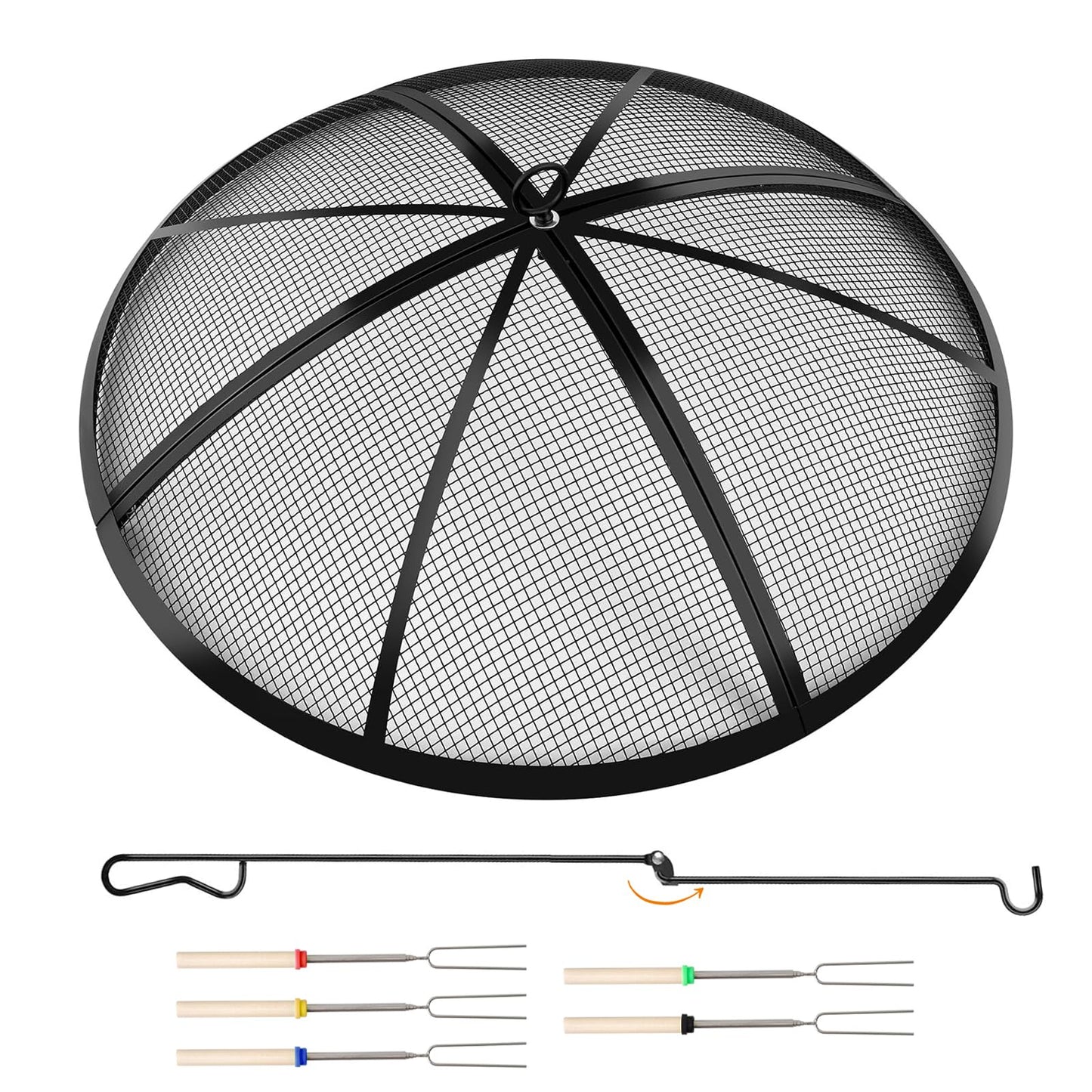 Fire Pit Spark Screen, 24 Inch Outdoor Fire Pit Screen with Foldable Hook and Marshmallow Sticks, Heavy Duty Steel Mesh Fire Pit Cover for Backyard, Beach, RV Camping