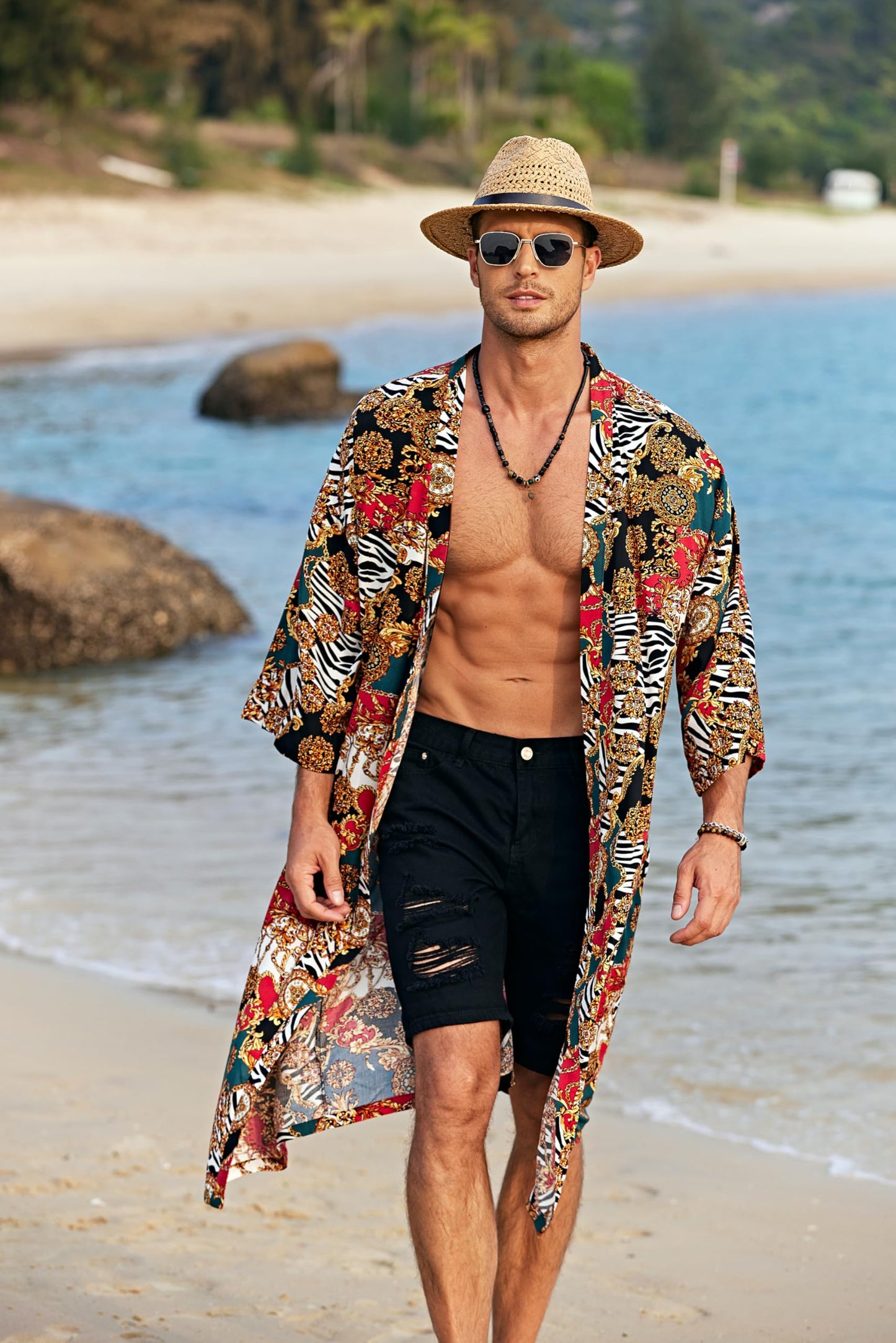 COOFANDY Men's Lightweight Kimono Robe Jacket Printed Japanese Style Bathrobes Casual Open Front Long Cardigan Coat Outwear