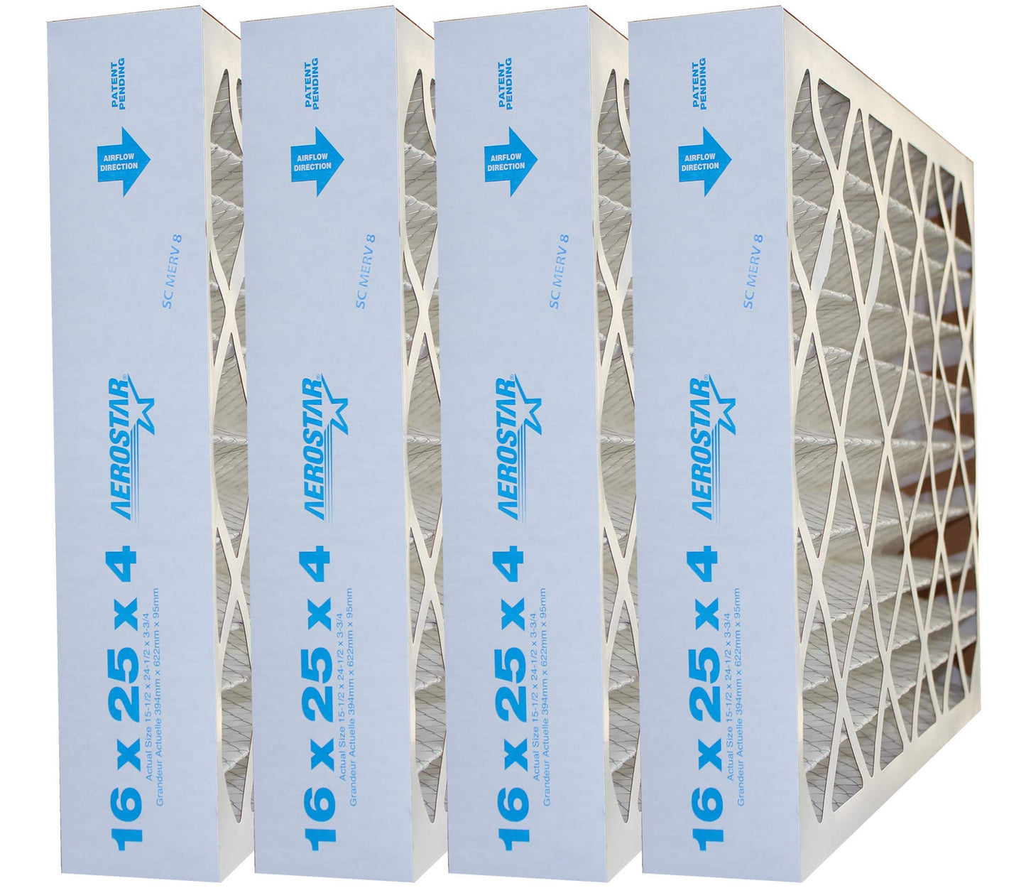 Aerostar 16 x 25 x 4, MERV 8, Pleated Air Filter, Pleated (Pack of 4)