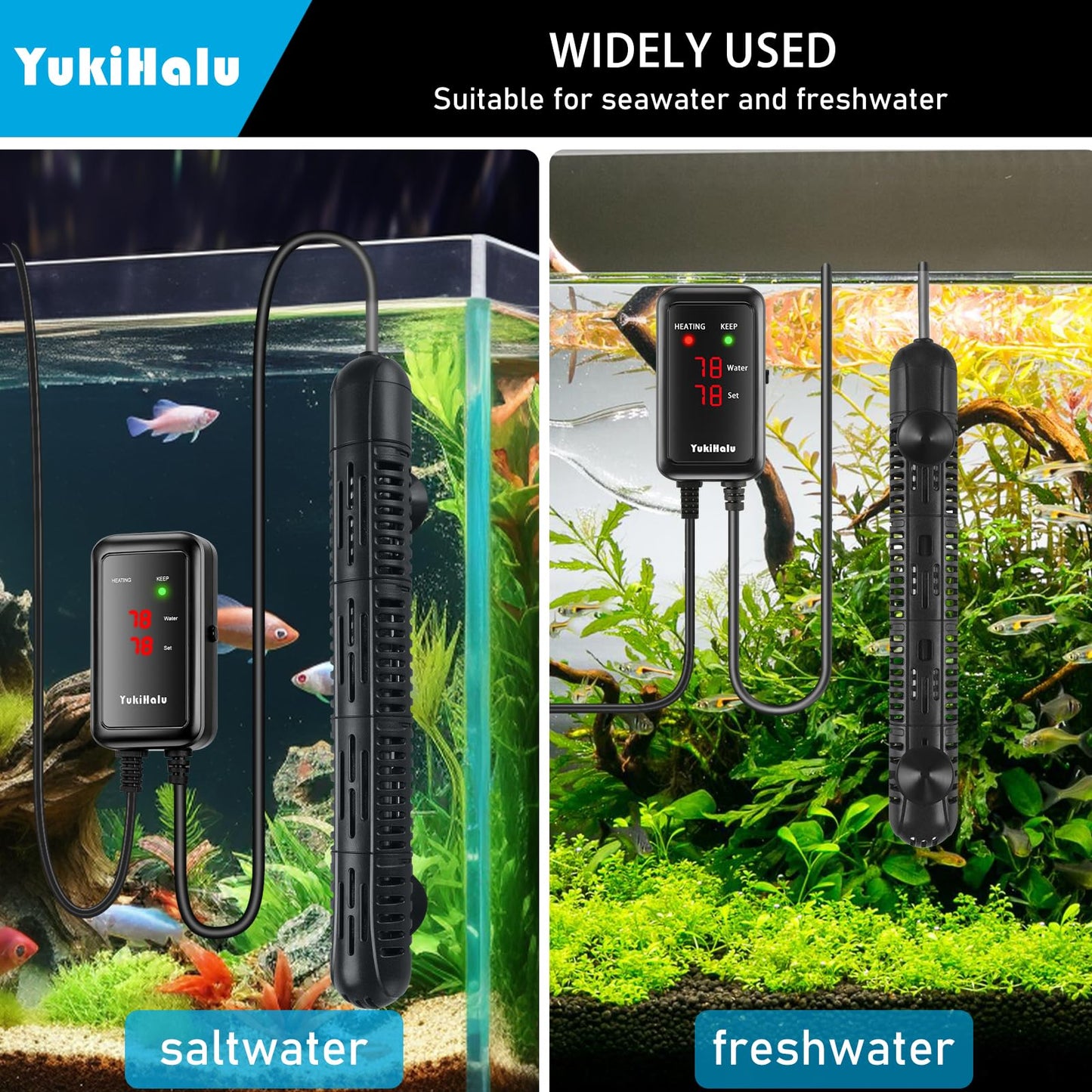 YukiHalu Aquarium Heater 50/100/200/300/500W with Protective Case, Fish Tank Heater, Temperature Adjustable, External Temperature Controller, LED Display, Used for 10/20/40/75/120 Gallons (300W)
