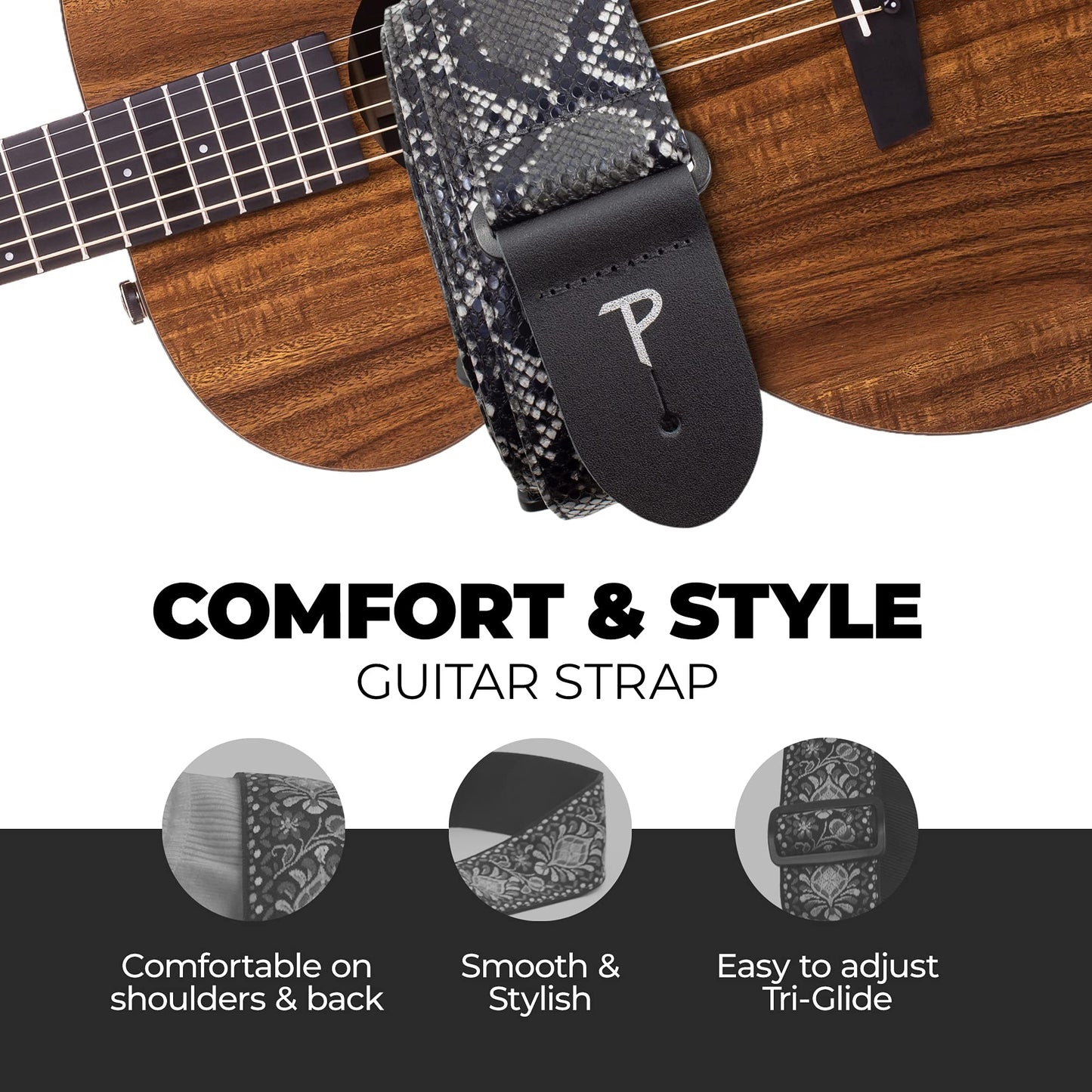 Perri’s Leathers Ltd. - Guitar Strap - Faux Snakeskin - Black - Adjustable - For Acoustic/Bass/Electric Guitars - Made in Canada (VGS-7555)