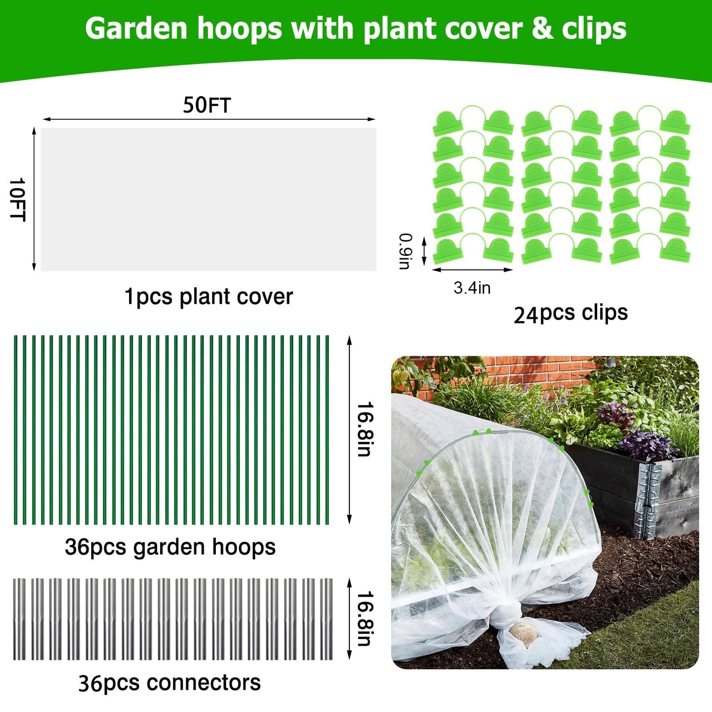 3x15M Plant Cover Freeze Protection Garden Hoops Kit for Winter, Fabric Floating Row Cover Frost Cloth Outdoor Plant Blanket for Frost Snow Protection, Greenhouse Garden Tunnel Hoops for Raised Beds