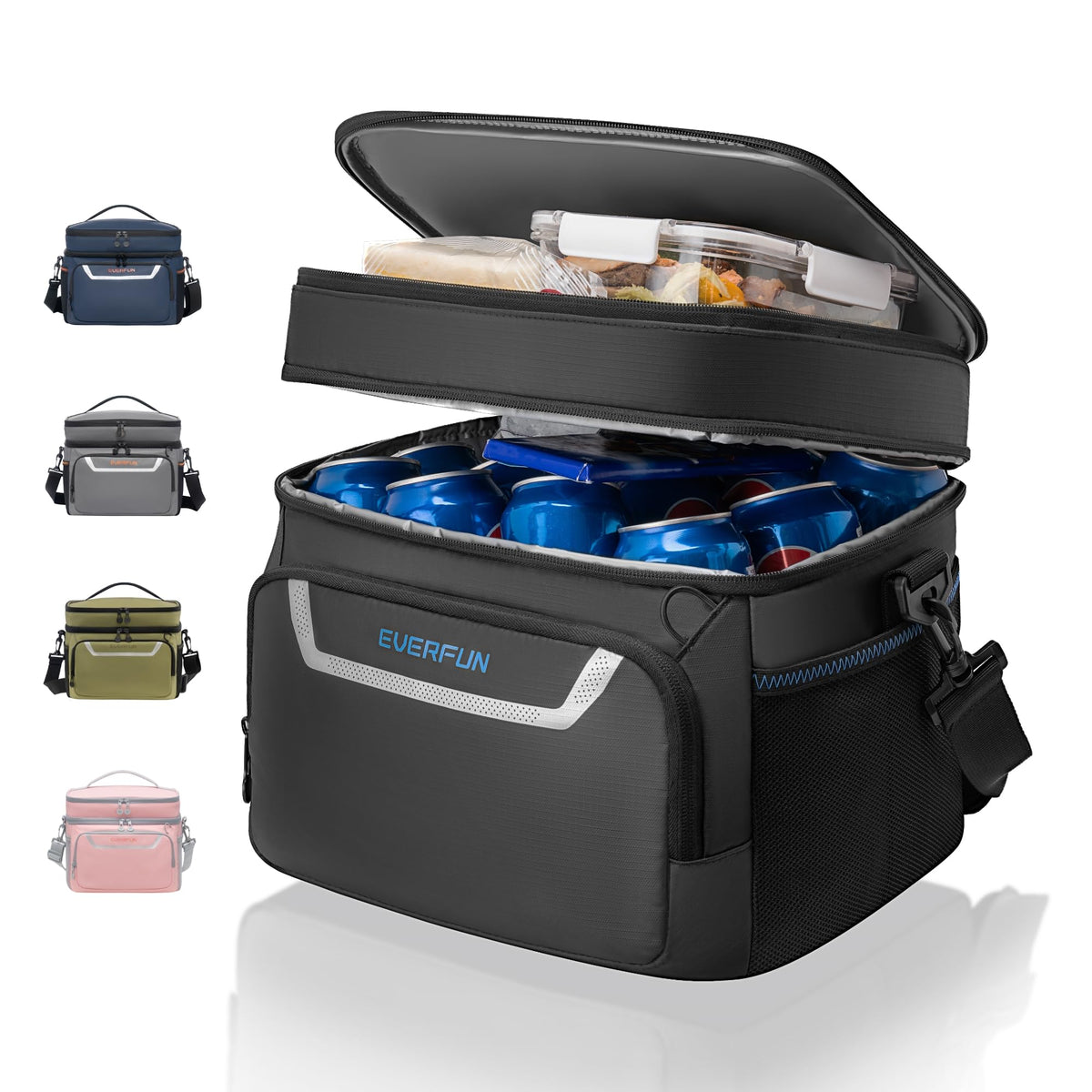 EVERFUN Small Cooler Bag Insulated Beach Cooler Lunch Bag for Men 24 Can Dual Compartments Reusable Waterproof Leak-Proof for Travel Work Picnic, Black