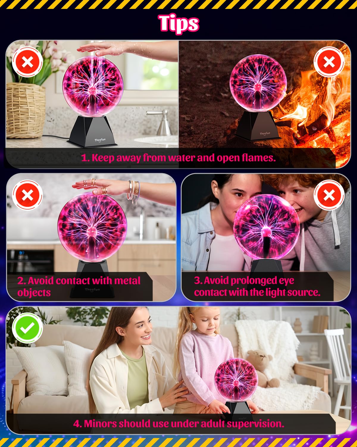 Theefun Plasma Ball: 8 Inch Plasma Globe Touch & Sound Sensitive Plasma Ball Lamp Electric Ball Lightning Novelty Gifts for Parties, Home, Prop, Decoration, Birthday
