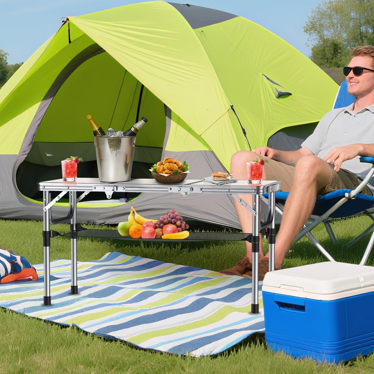 Anbte Camping Table, Camping Folding Table Aluminum Folding Table with 3 Adjustable Height Max 27.1 inch Portable Picnic Table with Storage Net and Bag for Outdoor, Backyard, 34.6" X 16", Silver