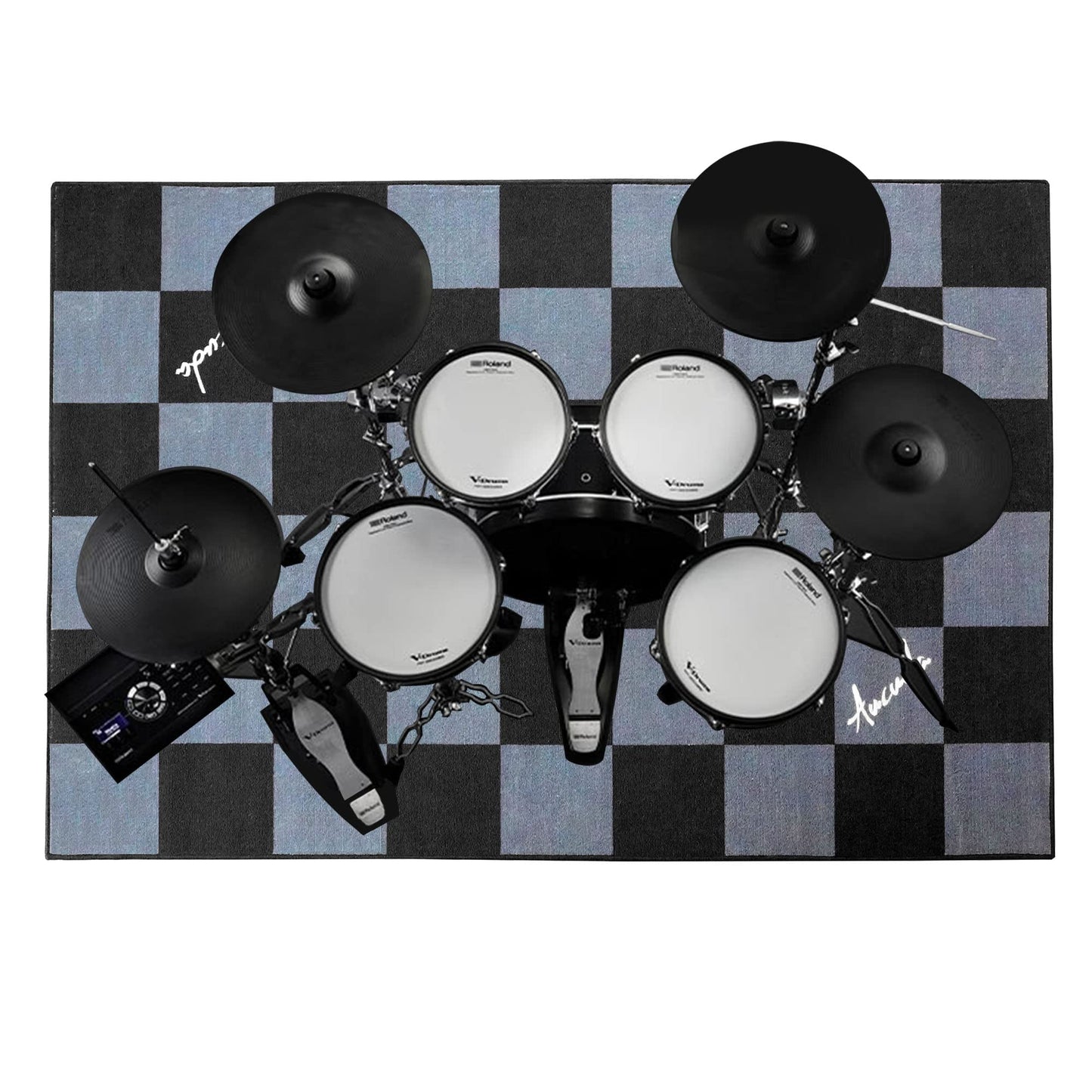 Aucuda Drum Rug 4x6ft Drum Tapis Mat Outdoor, Tightly Woven Fabric Drum Set Carpet with Non-Slip Grip Bottom, Electric Drum Accessories for Bedroom, Studio, Soundproof Rug for Piano (Chess).