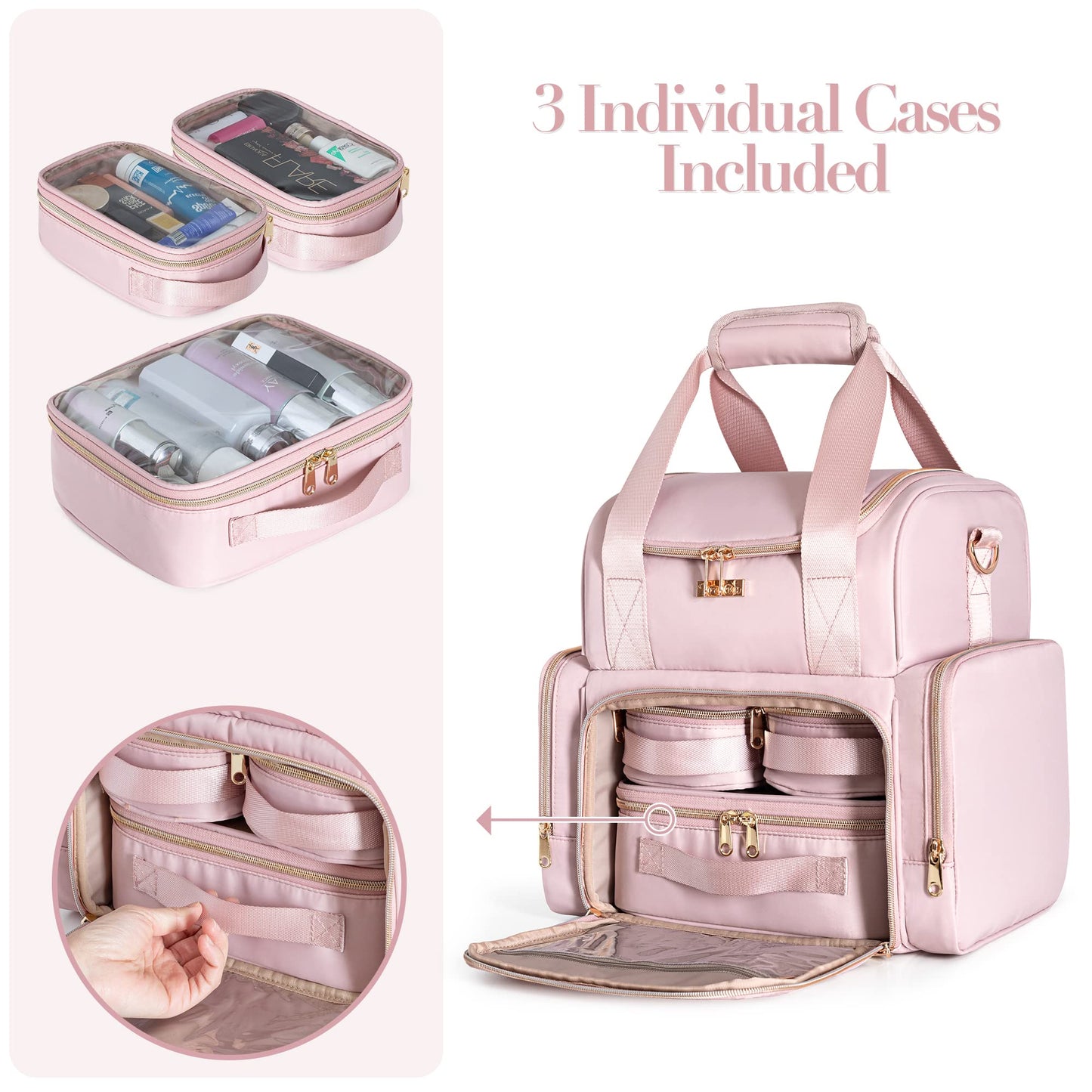 Prokva Large Makeup Cosmetic Bag with 3 Removable Case, Double Layer Travel Makeup Organizer Case with Inner Dividers and Makeup Brushes Storage Section, Pink (Patented Design)