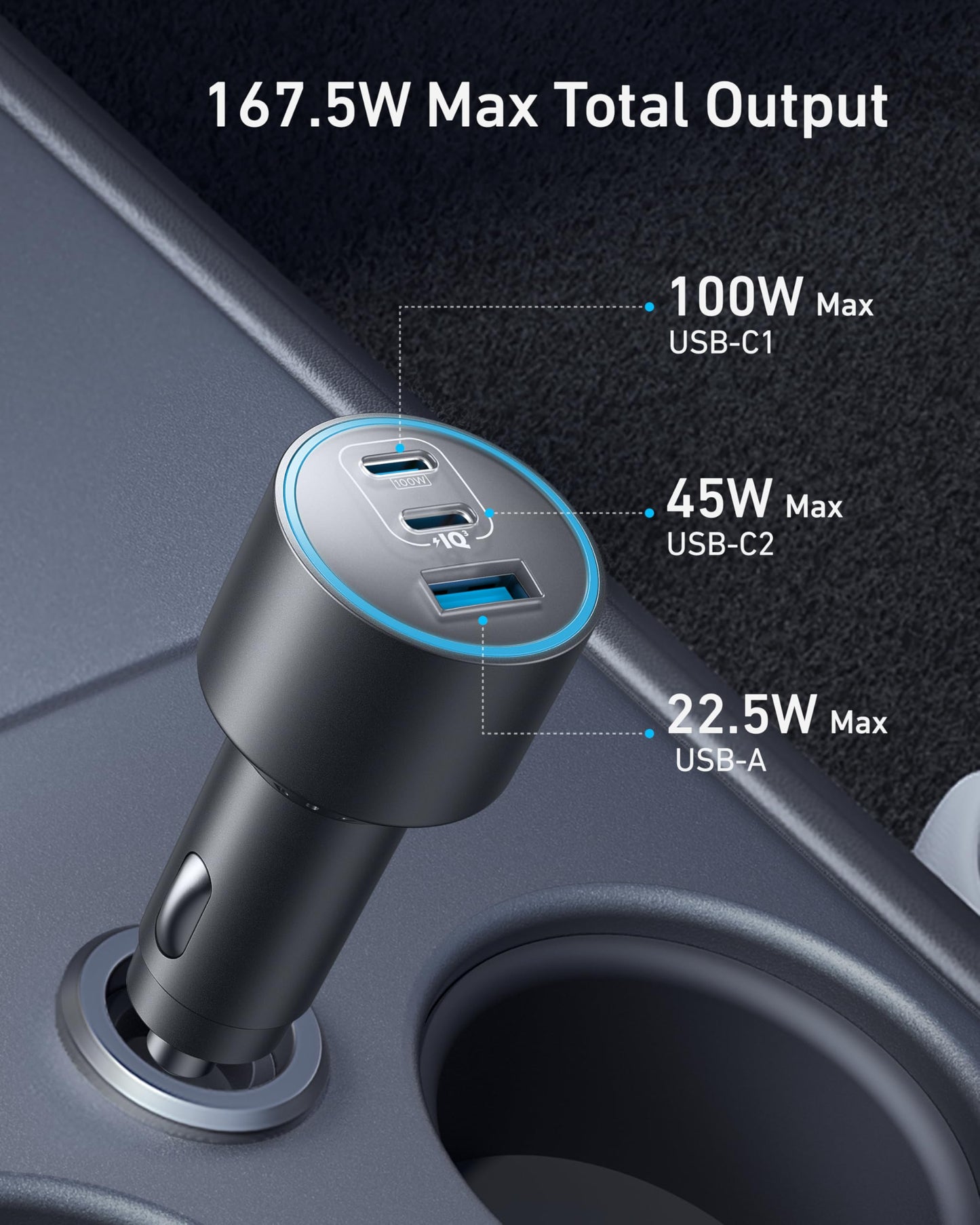 Anker USB-C Car Charger, 167.5W Max 3-Port Ultra-Compact Type-C Fast Car Charger, for MacBook Pro/Air, iPhone 15/14 / 13 Series, Samsung S24 / S23, iPad Pro, AirPods