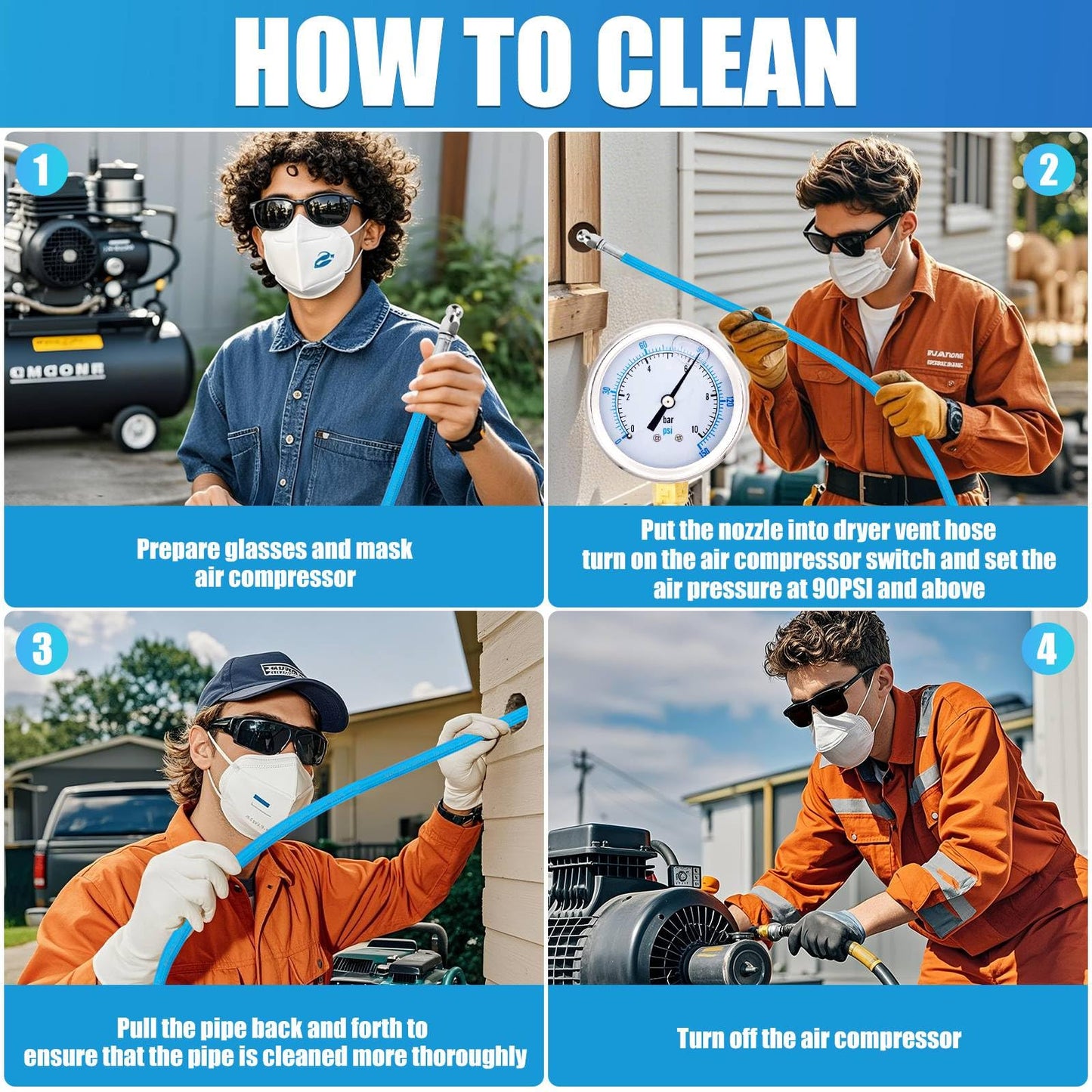 V2ine Cyclone Home Dryer Vent Duct Cleaning Kit:23feet Pressure Hose + 2 Jetter Nozzle + 1/4 Air Quick Connect+ Ball Valve
