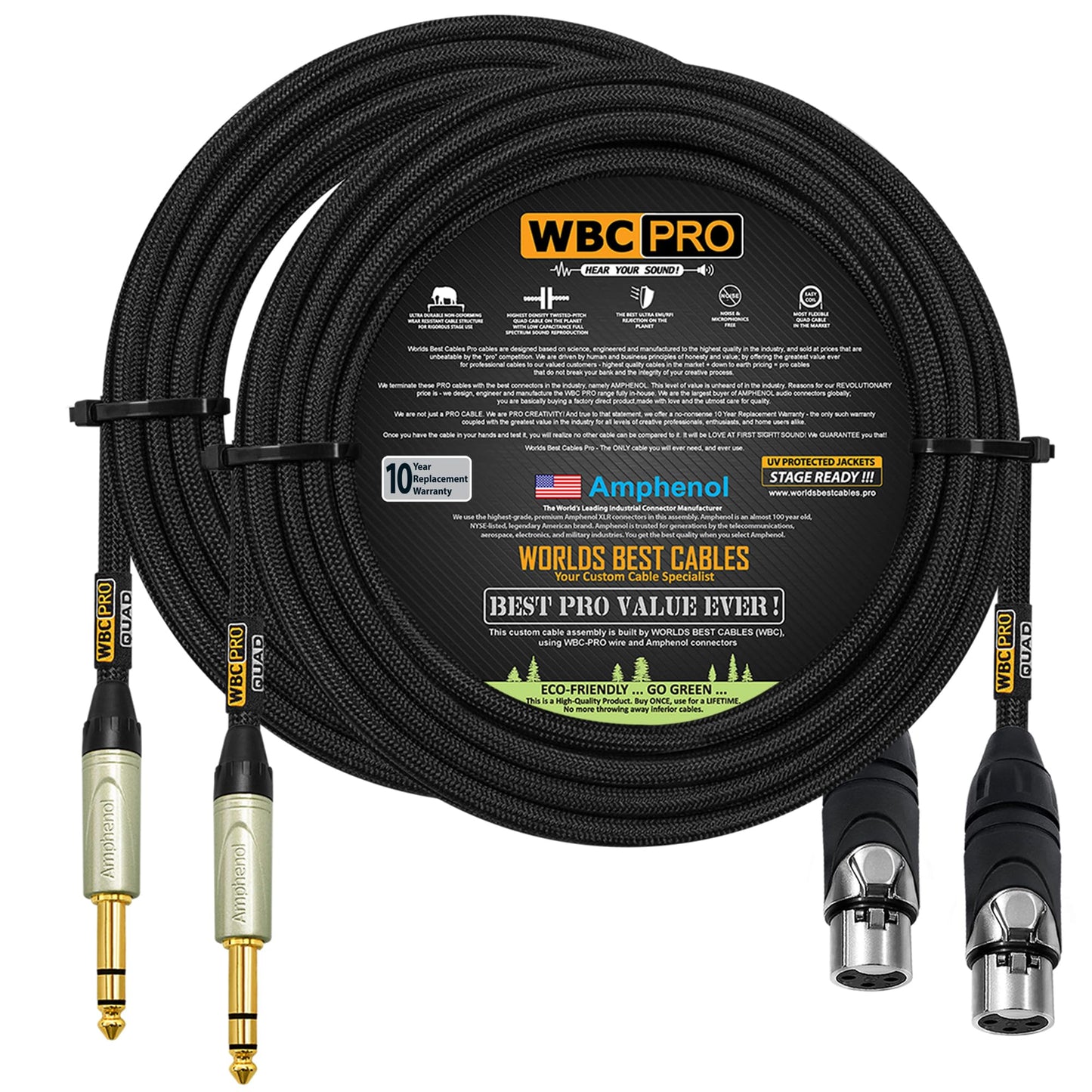 2 Units - 18 Foot - WBC-PRO-Quad Ultra-Silent Ultra-Flexible Balanced Star-Quad XLR to TRS Cable with Amphenol AXX3F Female XLR & QS3P-AU Straight TRS Stereo Phone Plugs - Black Tweed Jacket