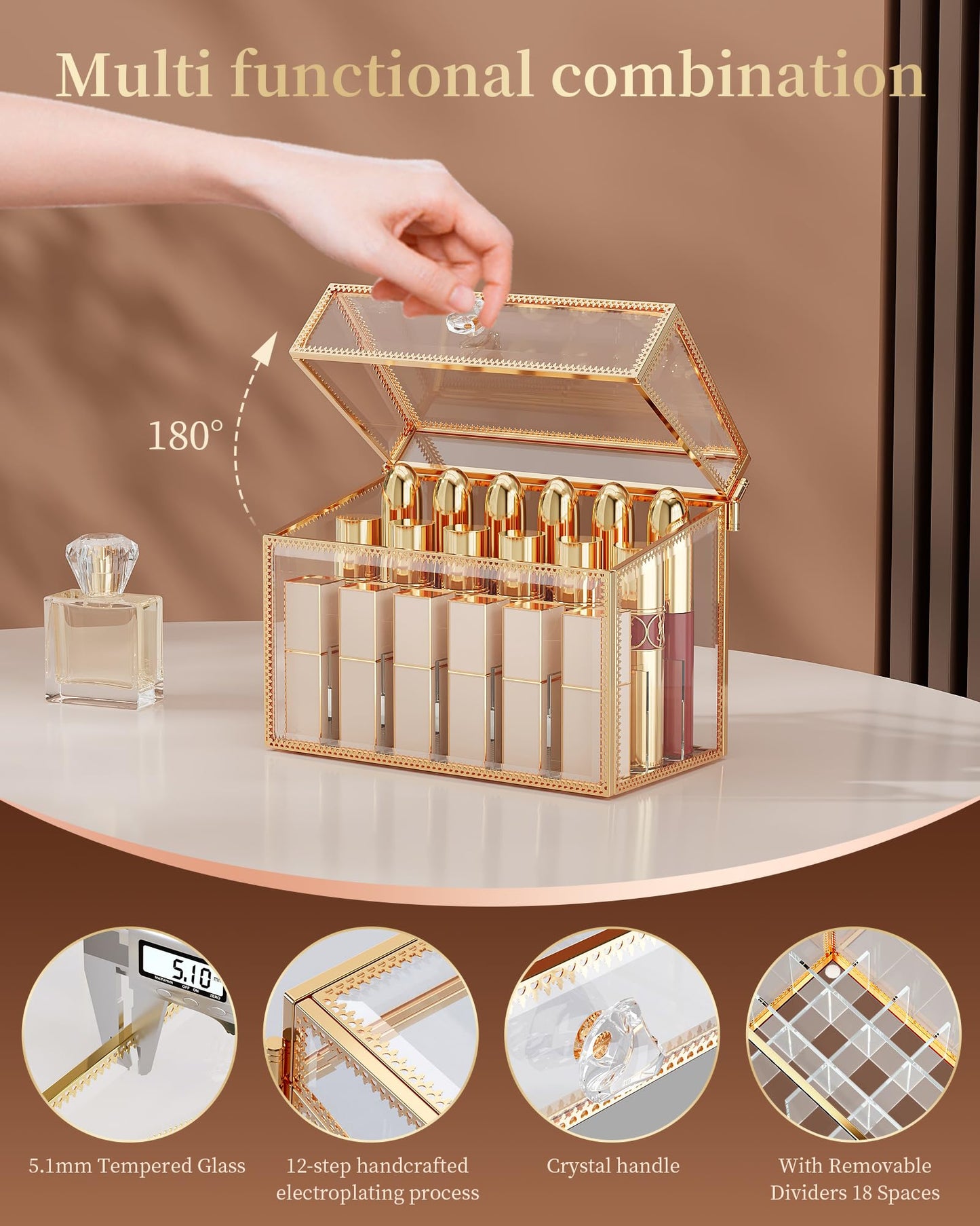 CoralHouse Lipstick Organizer - Luxury Tempered Glass Lipstick Holder & Nail Polish Organizer, 18-Slot Vanity Cosmetic Organizer with Removable Dividers, Gold