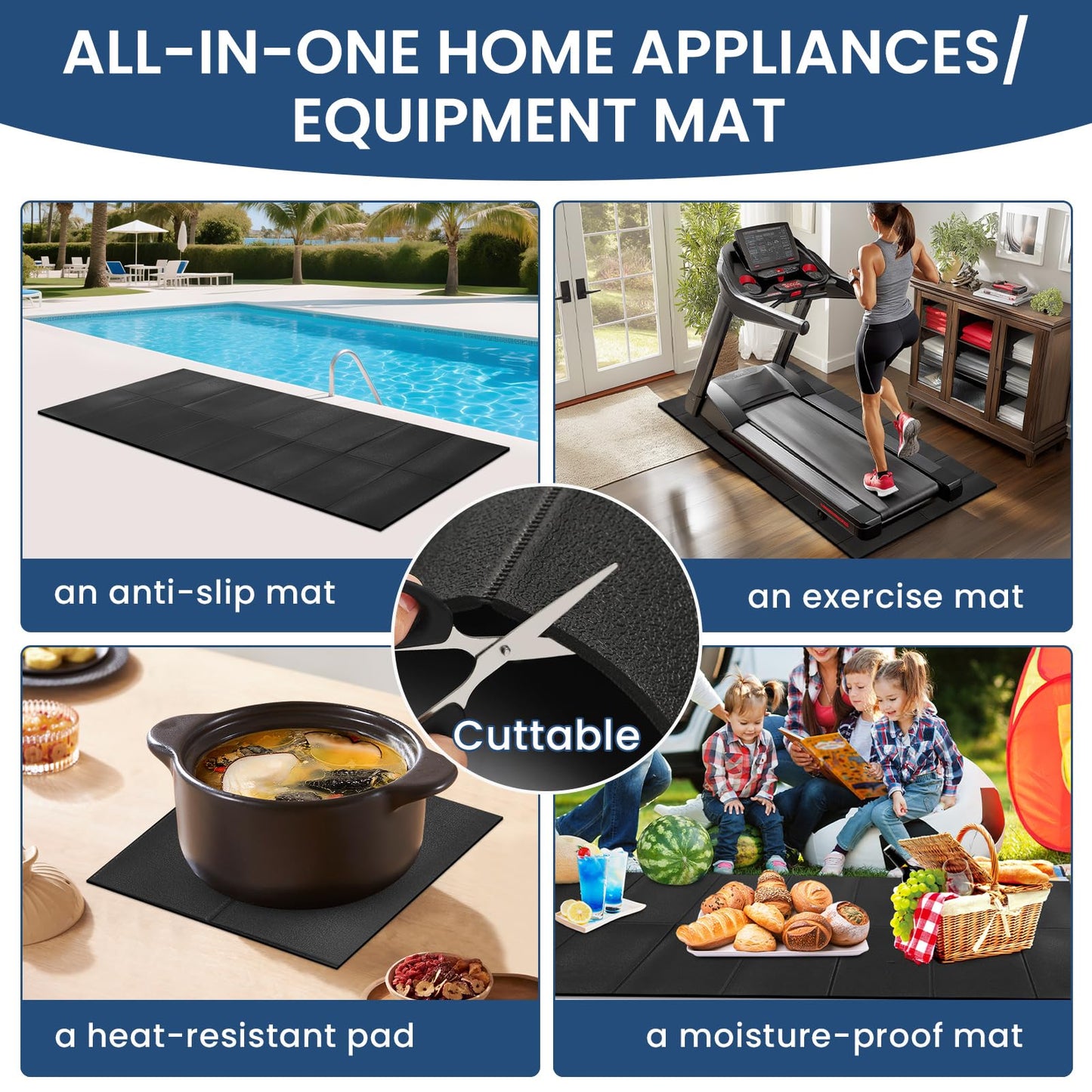 Under Washing Machine Mat , 7mm Thick Rubber Washer Dryer Mat 62.9x29.5 inches, Anti Vibration Mat Sound Absorbing Foldable PVC Mats for Floor Protection, Non-Slip Waterproof Cut-to-Fit